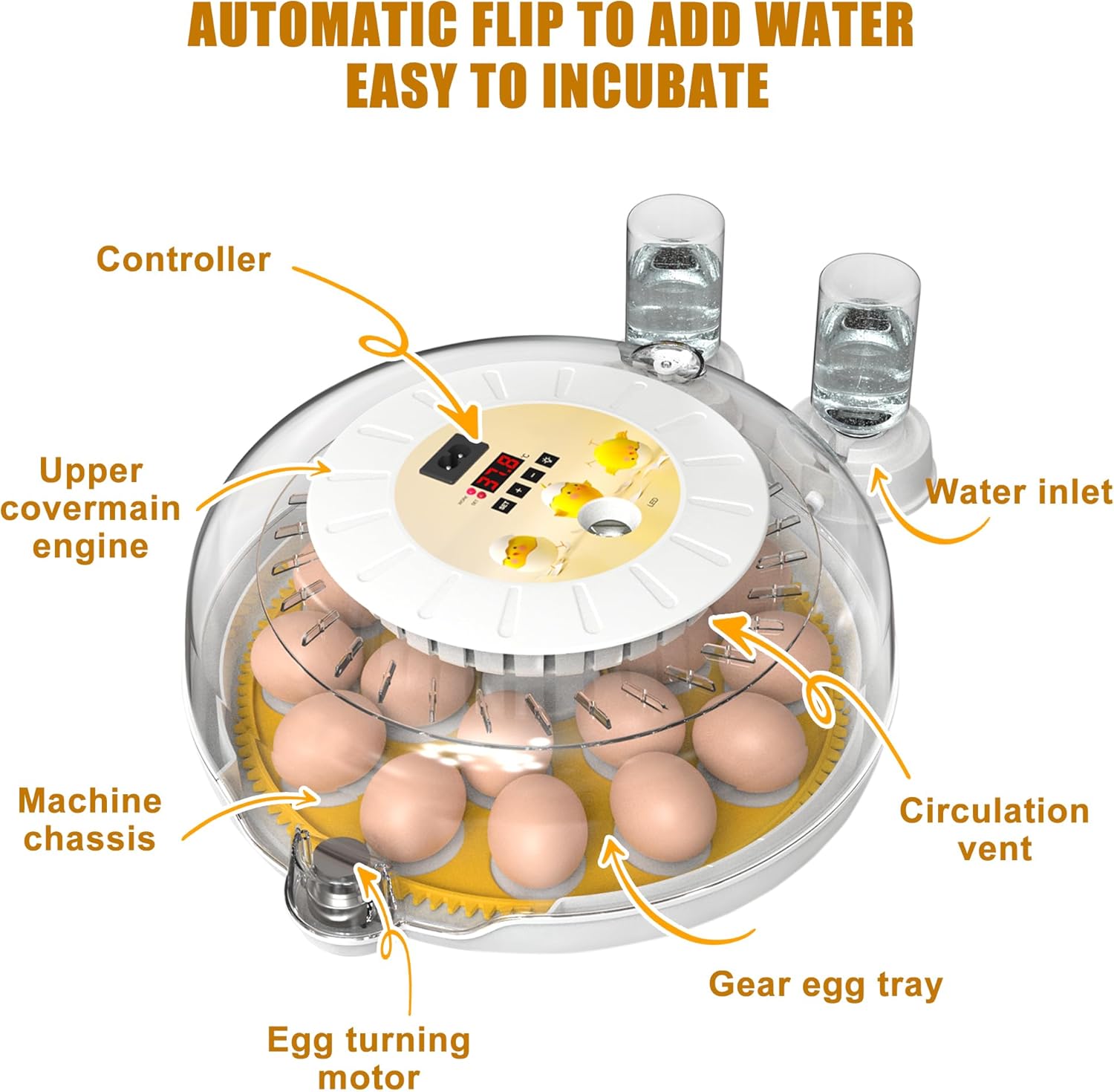 CARLA HOME 18 Egg Incubator with Automatic Turning, LED Display, Humidity & Temperature Control, Auto Water System & Built-in Egg Candler for Chicken, Duck, Quail, Goose - Image 2