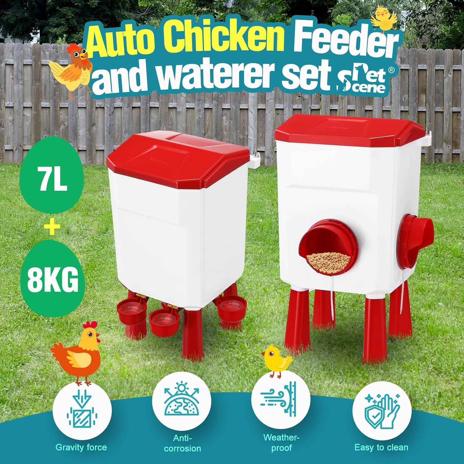 CARLA HOME Automatic Chicken Feeder Waterer Set with 8KG Food 7L Water Capacity for Coop, Chickens, Ducks, Quails (Red) - Image 3