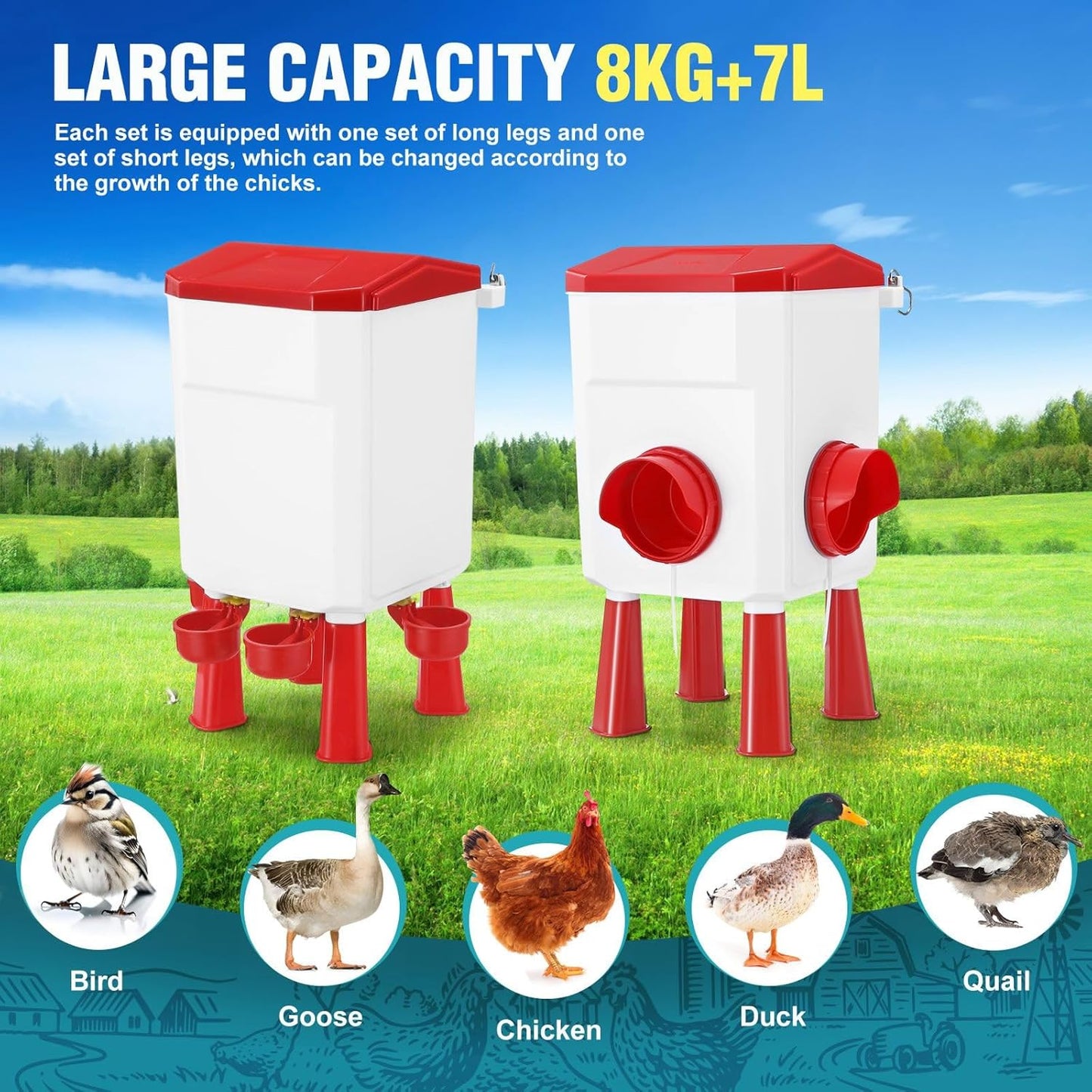CARLA HOME Automatic Chicken Feeder Waterer Set with 8KG Food 7L Water Capacity for Coop, Chickens, Ducks, Quails (Red) - Image 7