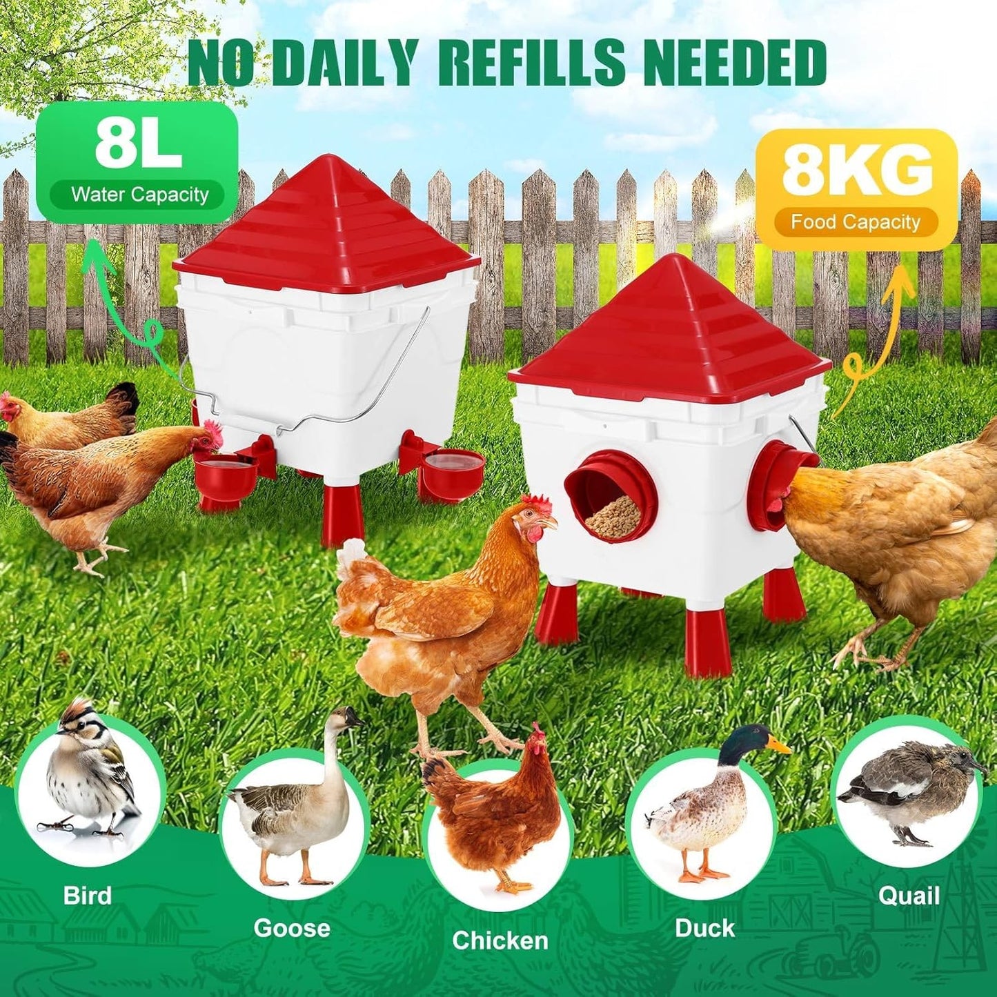CARLA HOME Chicken Feeder Waterer Set, Automatic Gravity Dispenser with 8KG Food & 8L Water Capacity, 4 Ports & Cups, Clean Poultry Feeding for Coop, Duck, Quail, Hen - Image 4