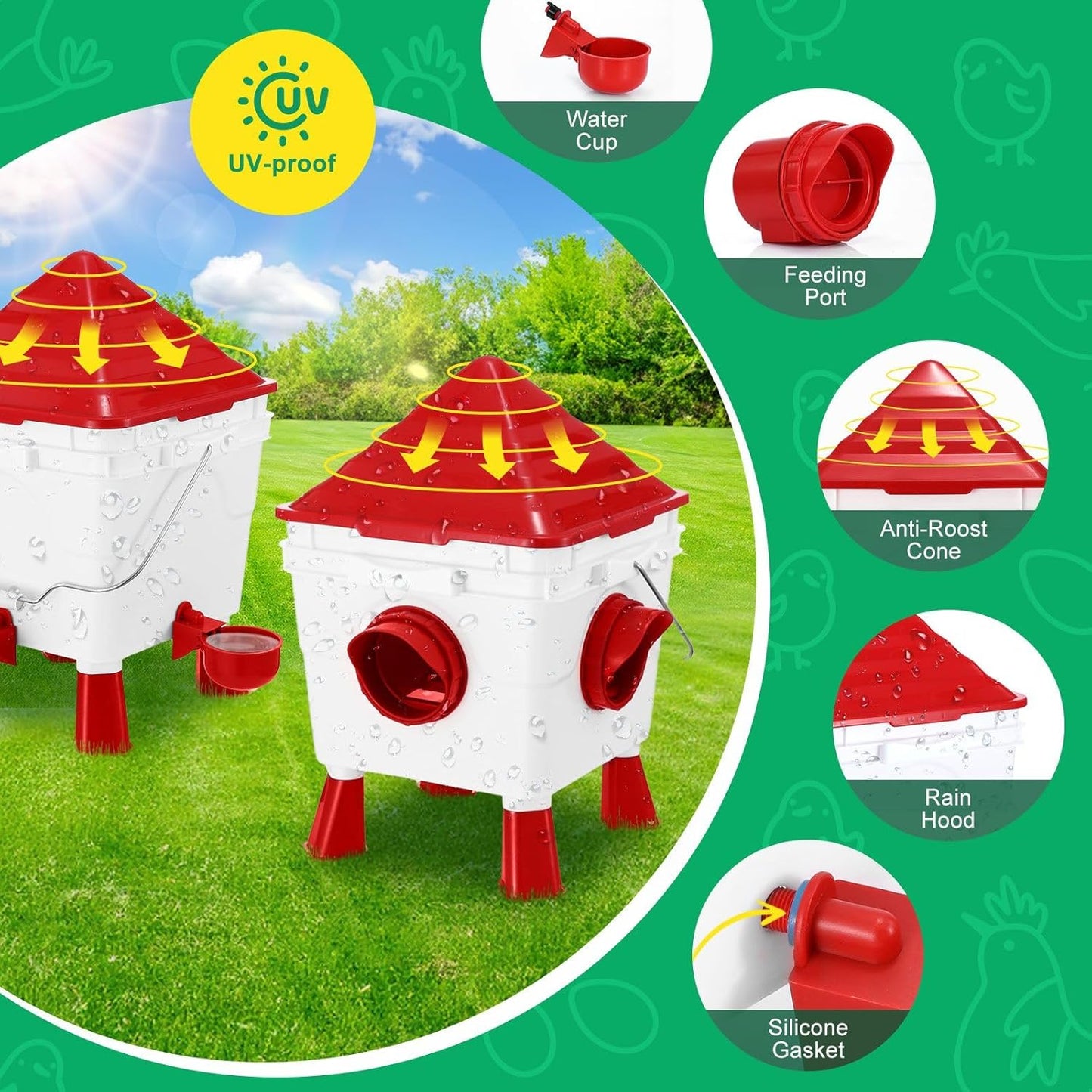 CARLA HOME Chicken Feeder Waterer Set, Automatic Gravity Dispenser with 8KG Food & 8L Water Capacity, 4 Ports & Cups, Clean Poultry Feeding for Coop, Duck, Quail, Hen - Image 7