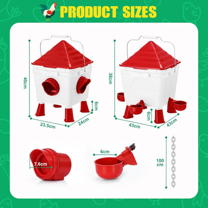 CARLA HOME Chicken Feeder Waterer Set, Automatic Gravity Dispenser with 8KG Food & 8L Water Capacity, 4 Ports & Cups, Clean Poultry Feeding for Coop, Duck, Quail, Hen - Image 9