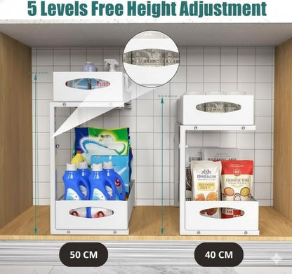 CARLA HOME 2 Tier Under Sink Organizer Pull Out Sliding Cabinet Storage Shelf with Height Adjustable for Kitchen, Bathroom or Laundry Room (White) - Image 2
