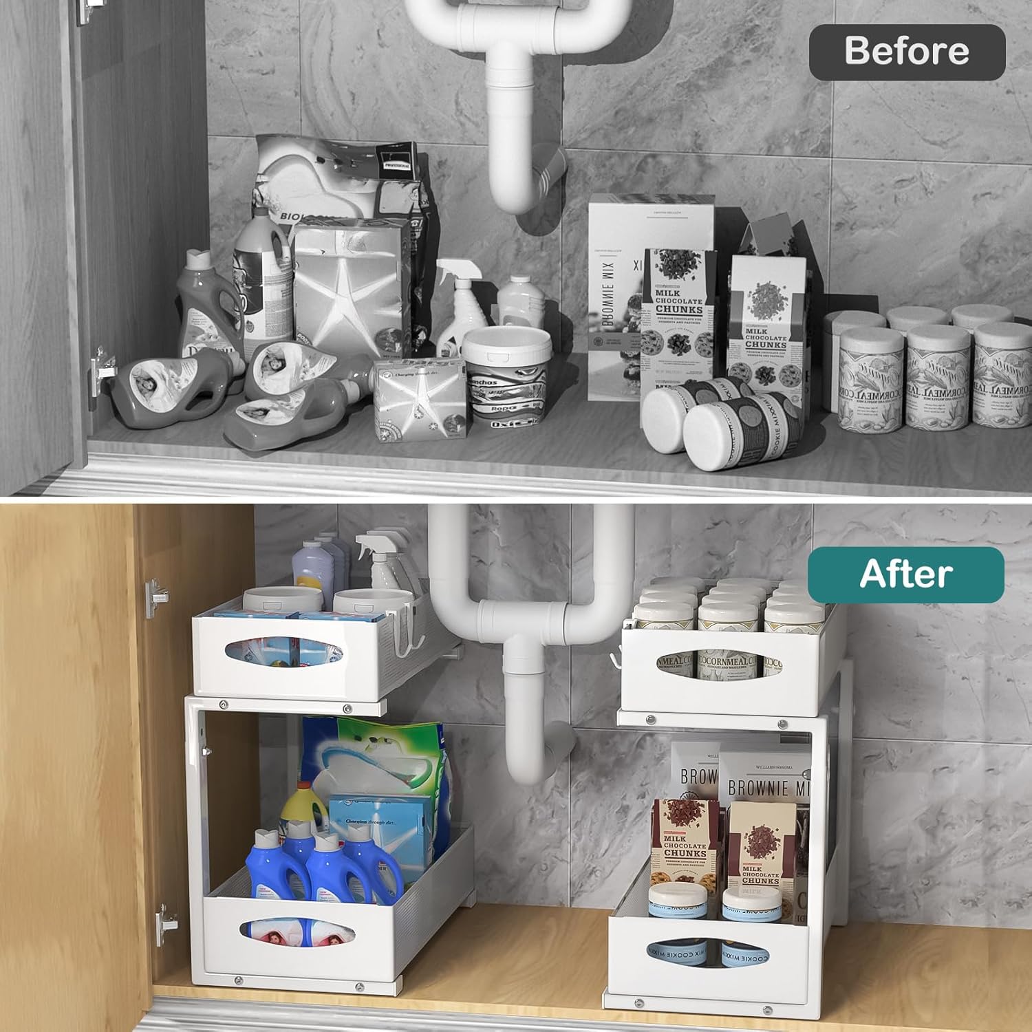 CARLA HOME 2 Tier Under Sink Organizer Pull Out Sliding Cabinet Storage Shelf with Height Adjustable for Kitchen, Bathroom or Laundry Room (White) - Image 3