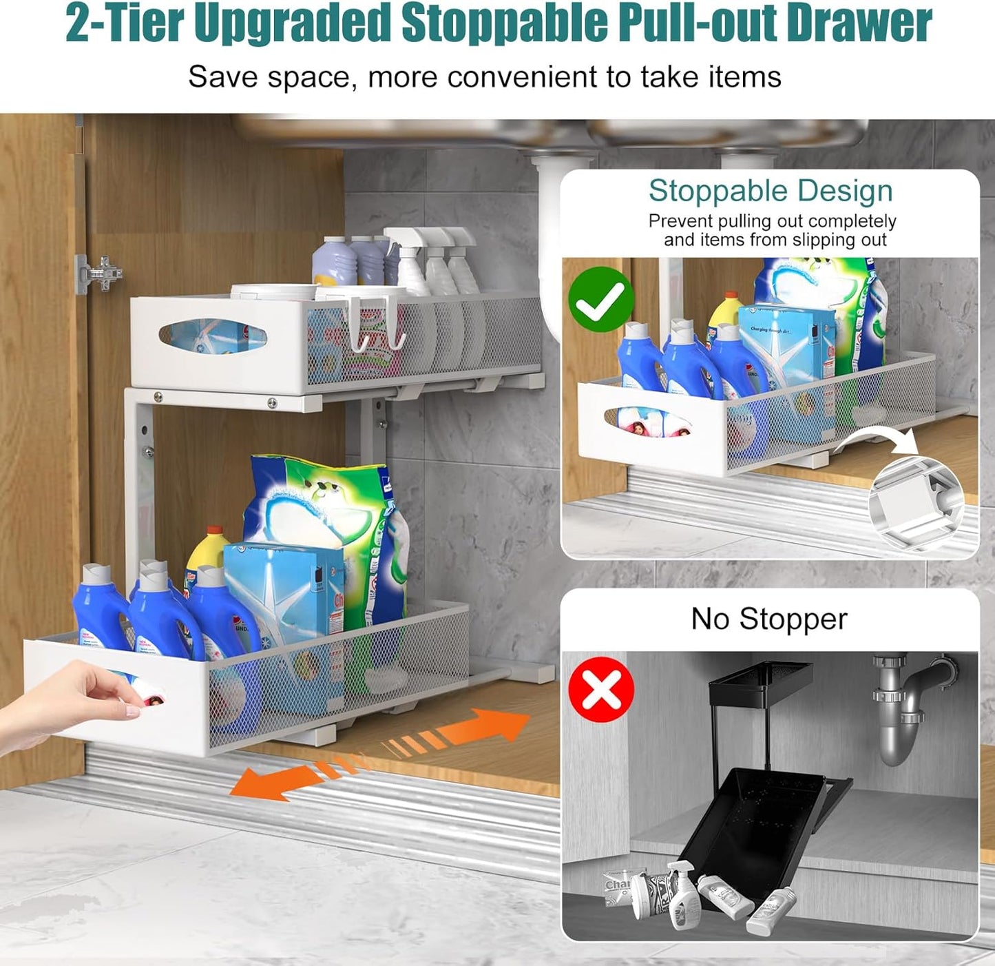 CARLA HOME 2 Tier Under Sink Organizer Pull Out Sliding Cabinet Storage Shelf with Height Adjustable for Kitchen, Bathroom or Laundry Room (White) - Image 4