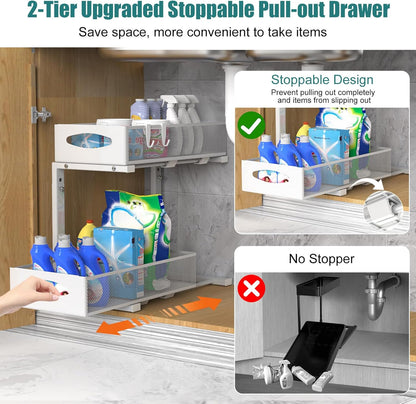 CARLA HOME 2 Tier Under Sink Organizer Pull Out Sliding Cabinet Storage Shelf with Height Adjustable for Kitchen, Bathroom or Laundry Room (White) - Image 4