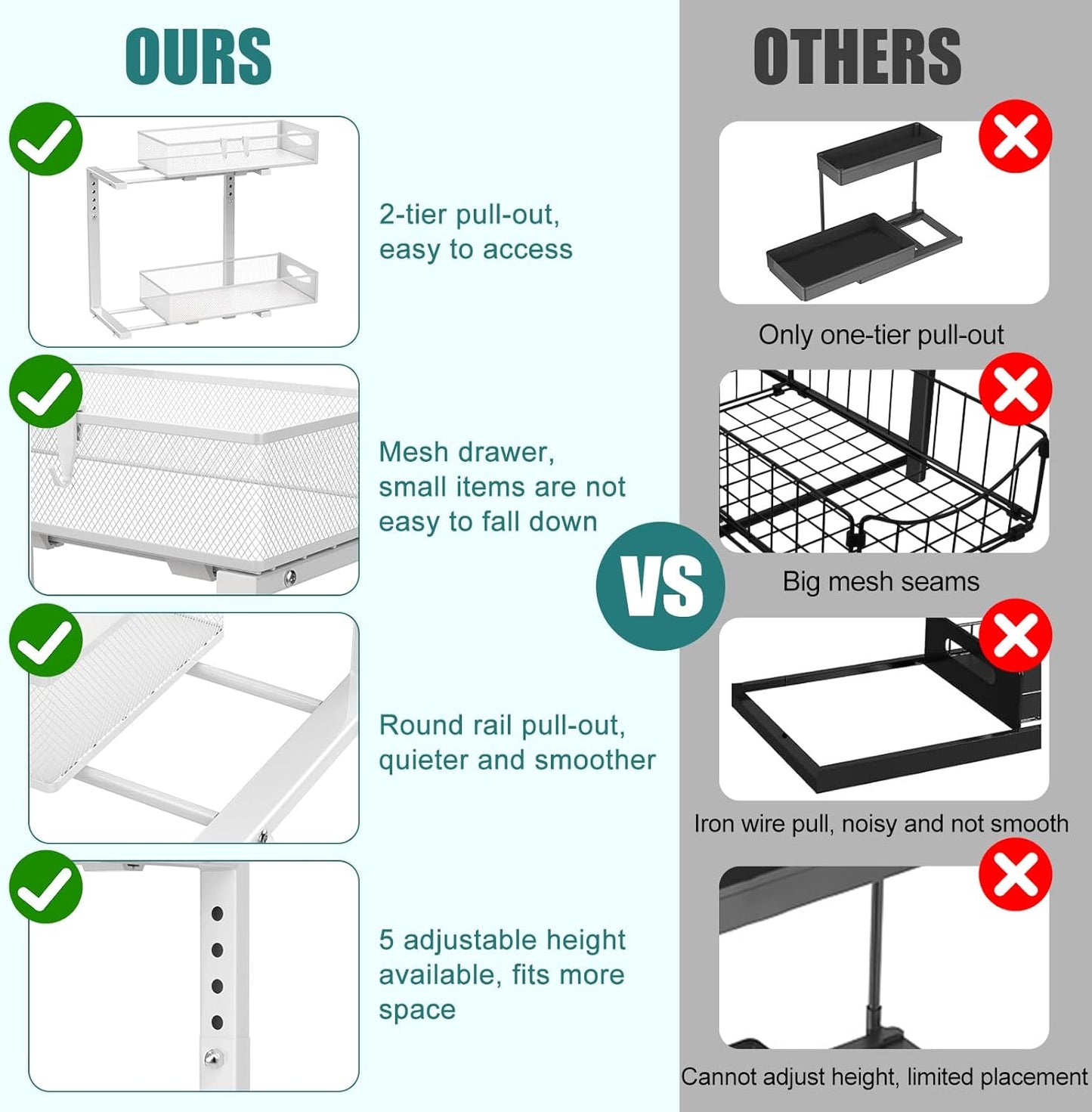 CARLA HOME 2 Tier Under Sink Organizer Pull Out Sliding Cabinet Storage Shelf with Height Adjustable for Kitchen, Bathroom or Laundry Room (White) - Image 5