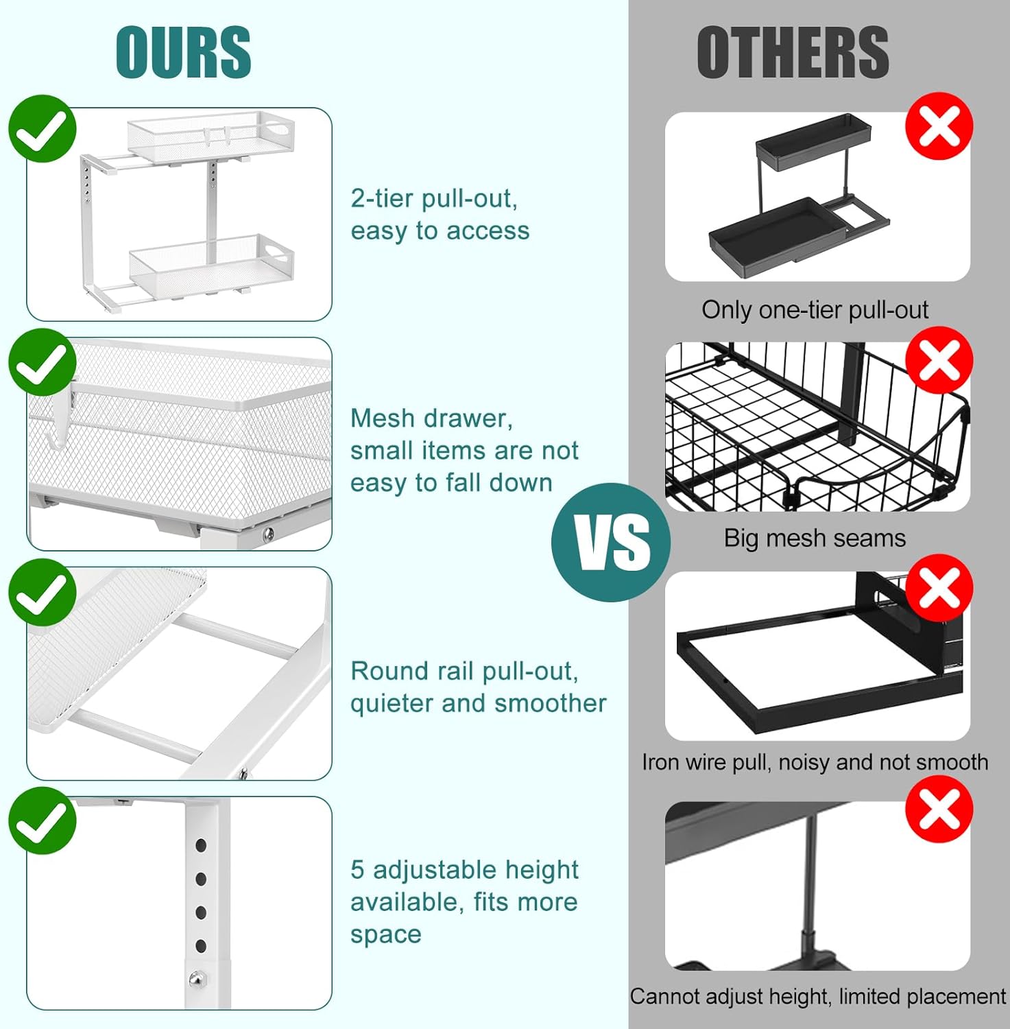 CARLA HOME 2 Tier Under Sink Organizer Pull Out Sliding Cabinet Storage Shelf with Height Adjustable for Kitchen, Bathroom or Laundry Room (White) - Image 5