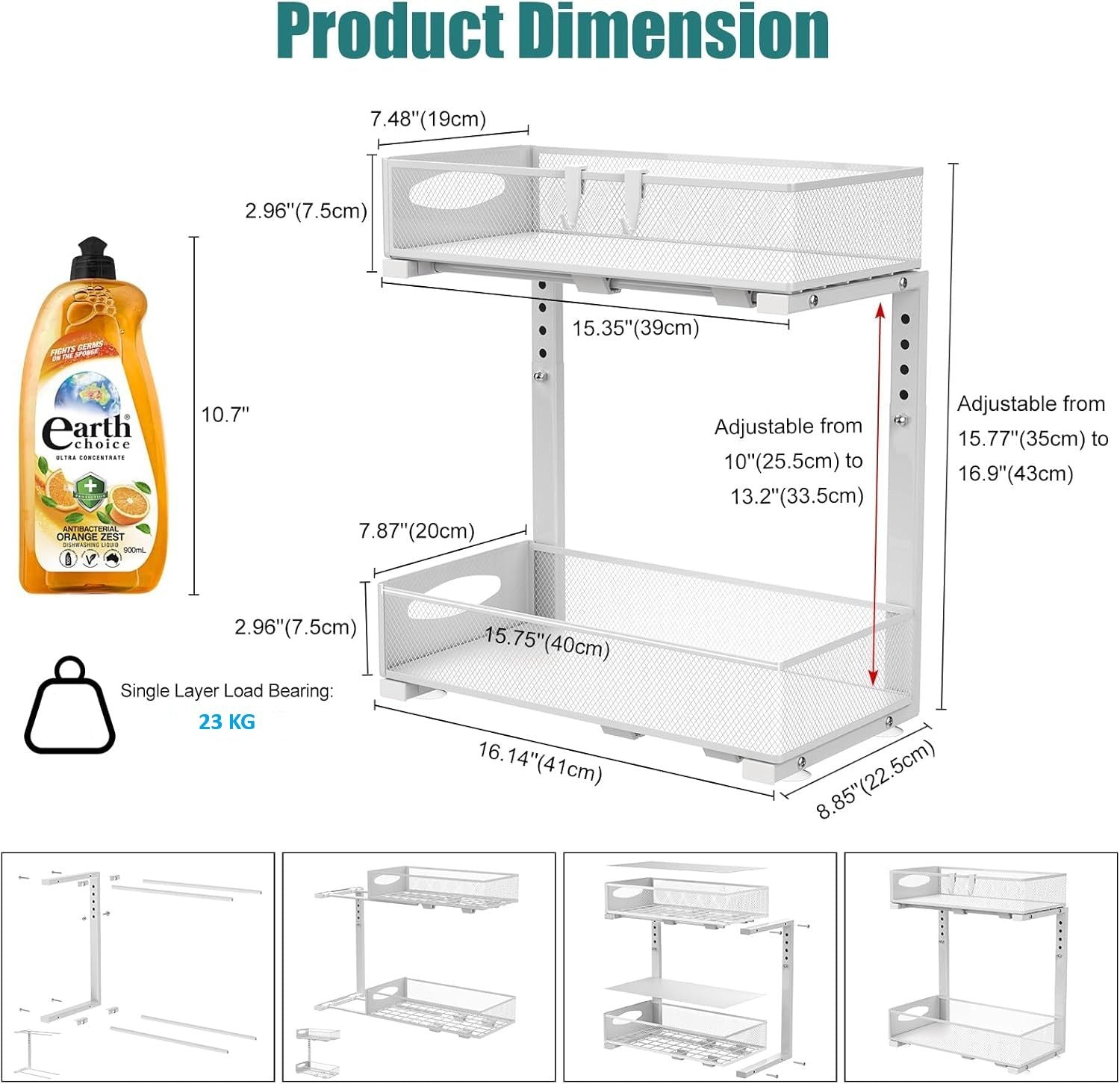 CARLA HOME 2 Tier Under Sink Organizer Pull Out Sliding Cabinet Storage Shelf with Height Adjustable for Kitchen, Bathroom or Laundry Room (White) - Image 6