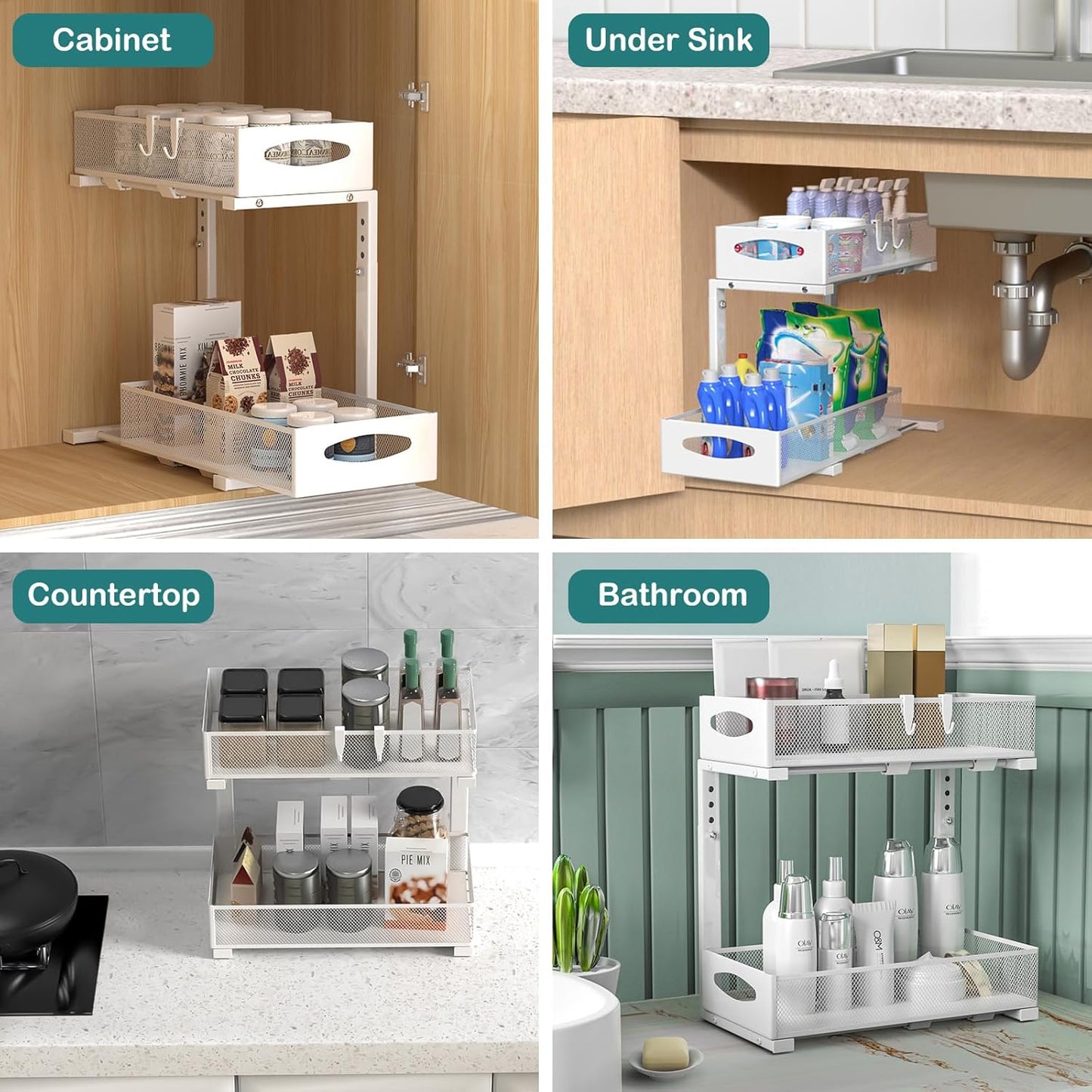 CARLA HOME 2 Tier Under Sink Organizer Pull Out Sliding Cabinet Storage Shelf with Height Adjustable for Kitchen, Bathroom or Laundry Room (White) - Image 7