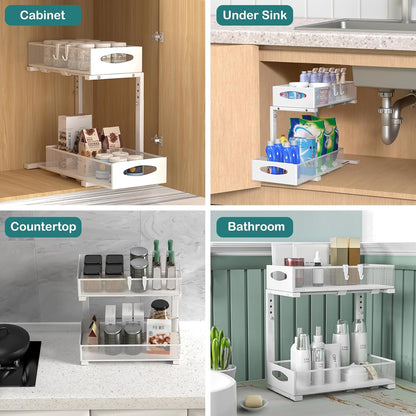 CARLA HOME 2 Tier Under Sink Organizer Pull Out Sliding Cabinet Storage Shelf with Height Adjustable for Kitchen, Bathroom or Laundry Room (White) - Image 7