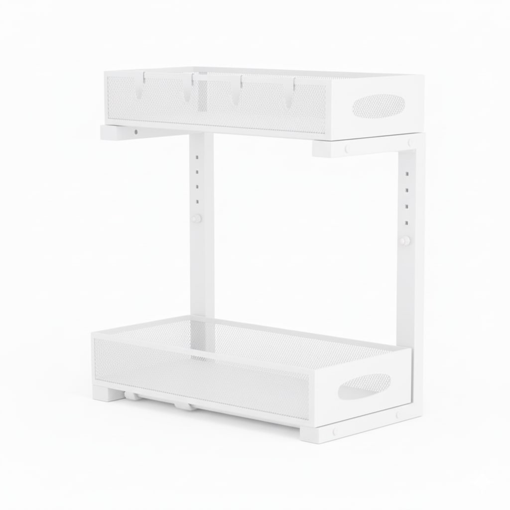 CARLA HOME 2 Tier Under Sink Organizer Pull Out Sliding Cabinet Storage Shelf with Height Adjustable for Kitchen, Bathroom or Laundry Room (White) - Image 8