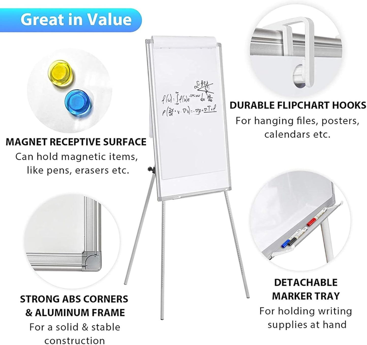 CARLA HOME Whiteboard Easel Portable Magnetic Dry Erase Board with Adjustable Tripod Stand & Height Adjustable for Office & Home (90x60cm) - Image 5