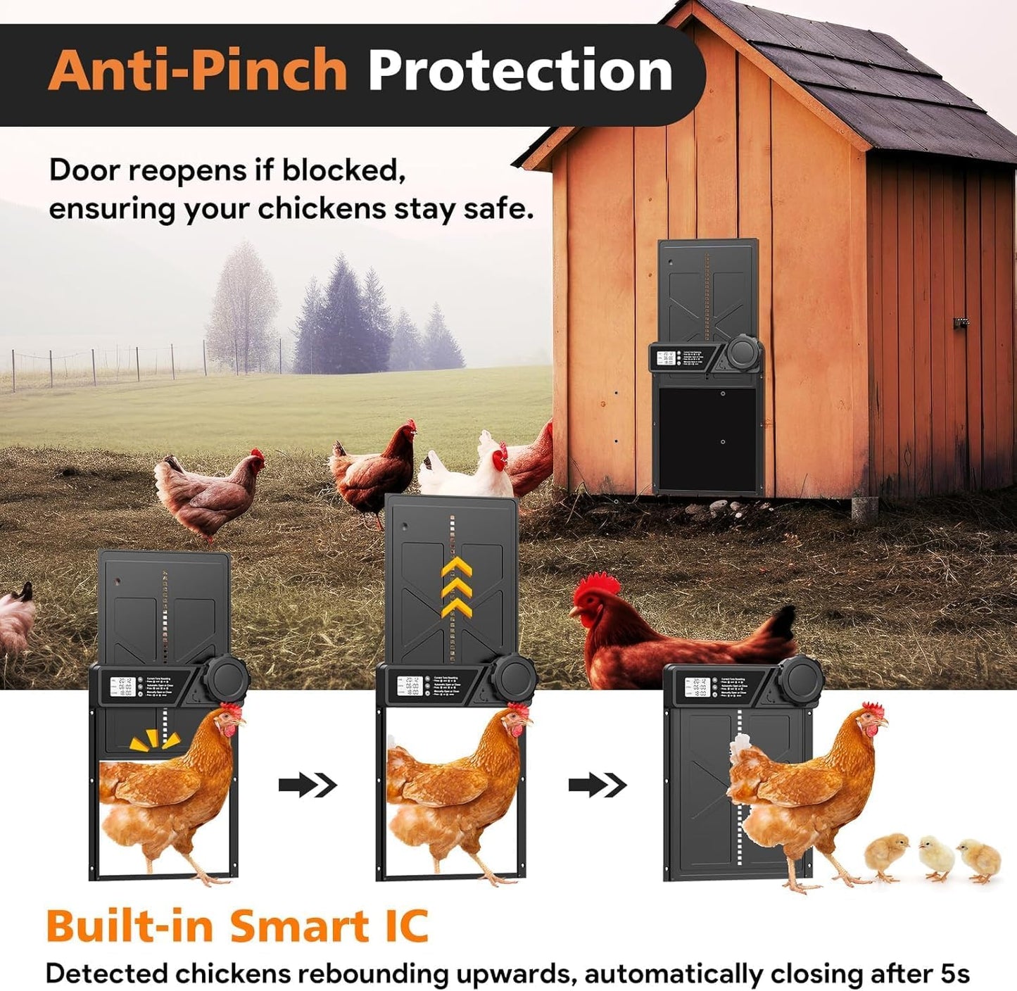 CARLA HOME Solar Automatic Chicken Coop Door with Timer, Light Sensor, Remote Control, Anti-Pinch, LED Screen & USB Charging - Image 4