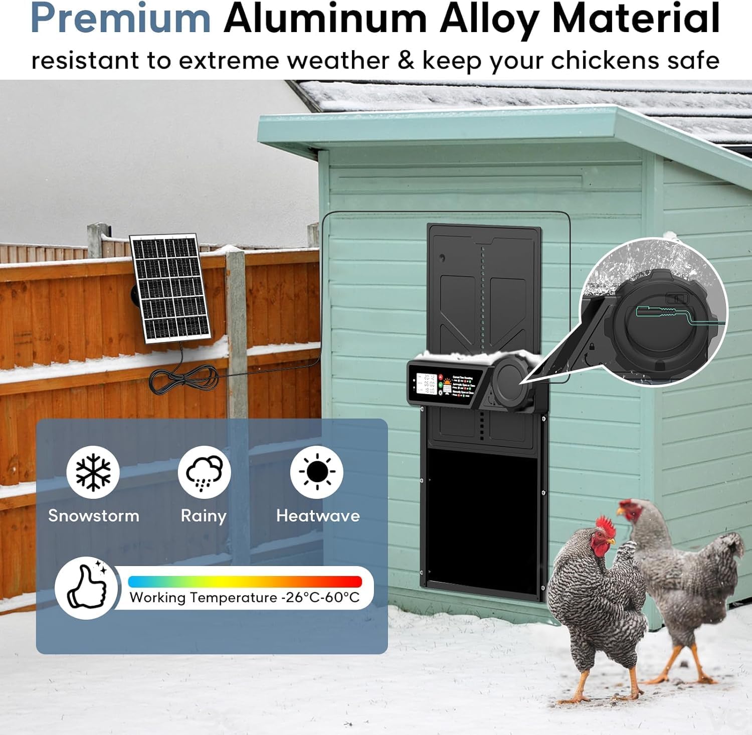 CARLA HOME Solar Automatic Chicken Coop Door with Timer, Light Sensor, Remote Control, Anti-Pinch, LED Screen & USB Charging - Image 5