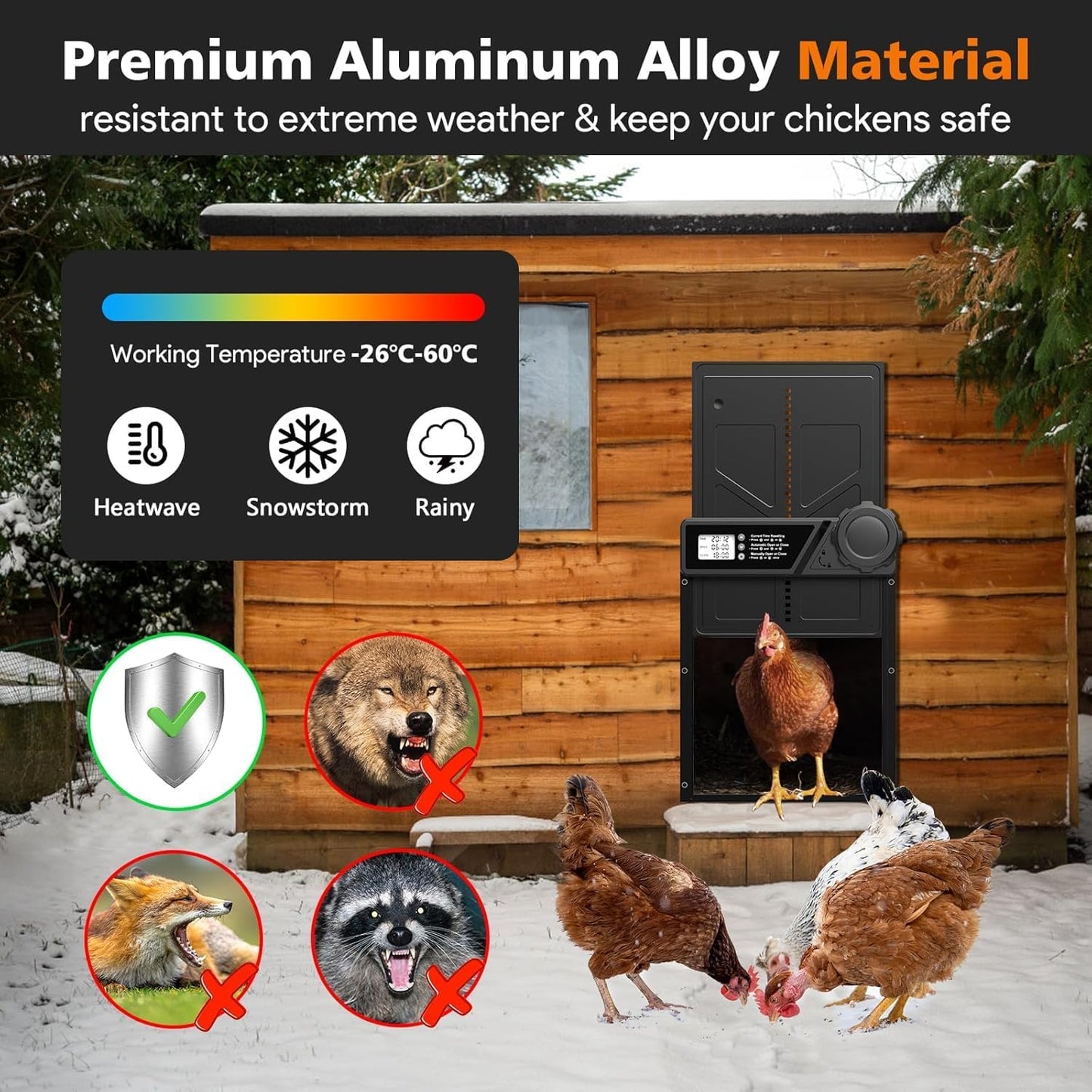 CARLA HOME Solar Automatic Chicken Coop Door with Timer, Light Sensor, Remote Control, Anti-Pinch, LED Screen & USB Charging - Image 7