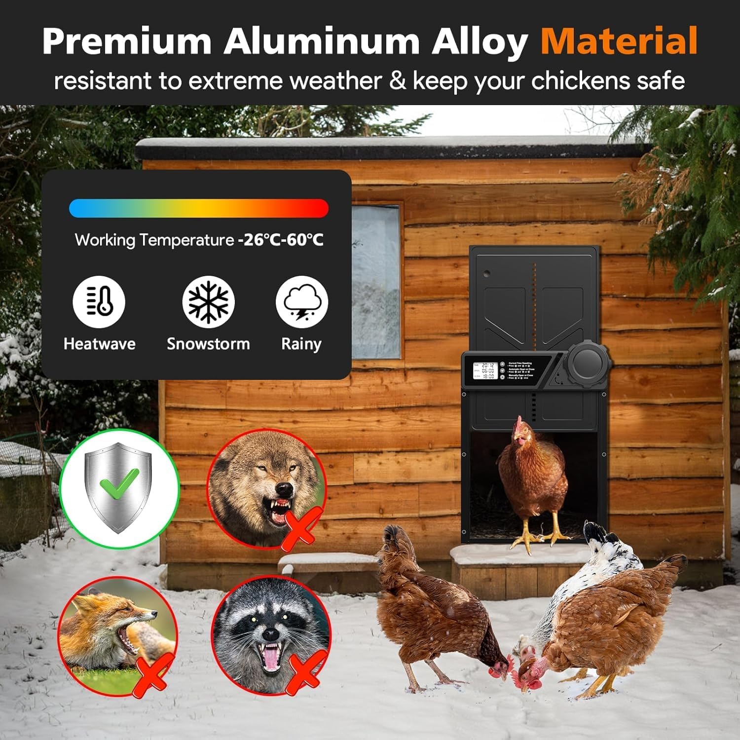 CARLA HOME Solar Automatic Chicken Coop Door with Timer, Light Sensor, Remote Control, Anti-Pinch, LED Screen & USB Charging - Image 7