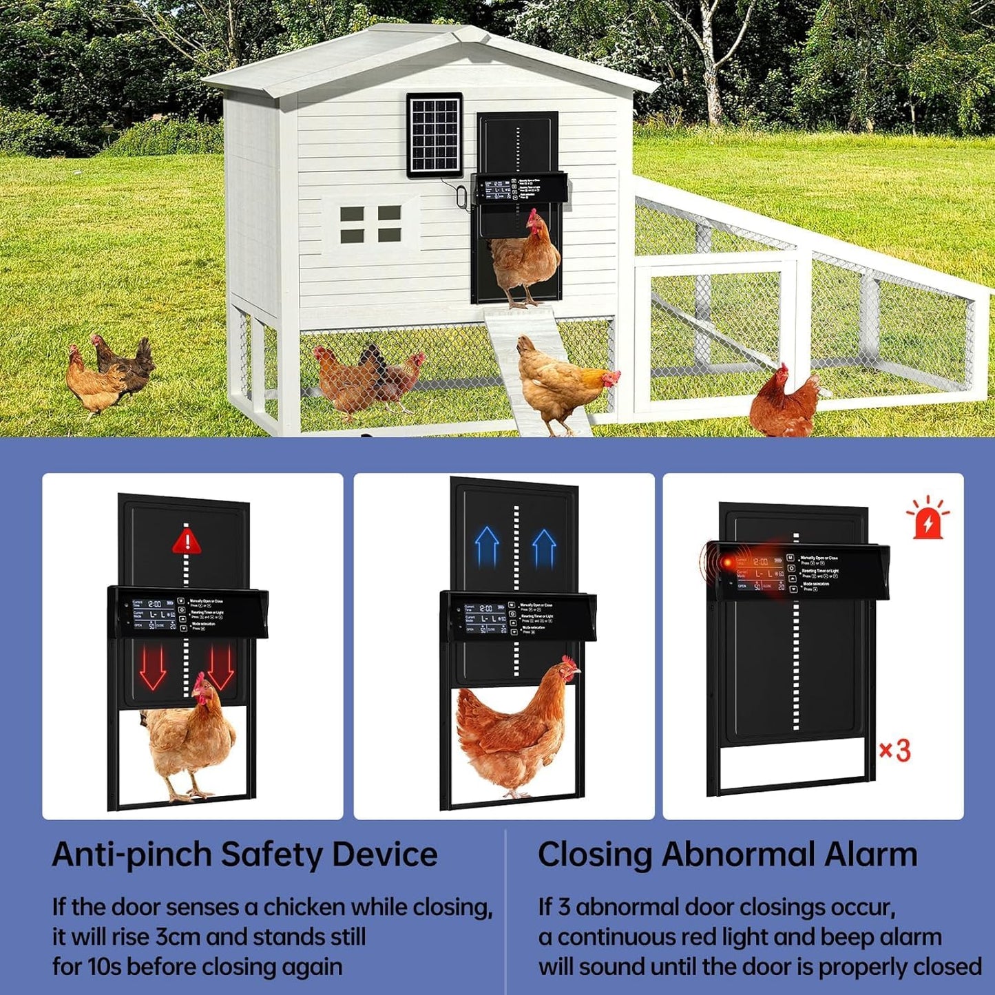 CARLA HOME Automatic Chicken Coop Door Solar Powered with 4 Mode Timer & Light Sensor, Anti-Pinch & USB Charging Port - Image 5