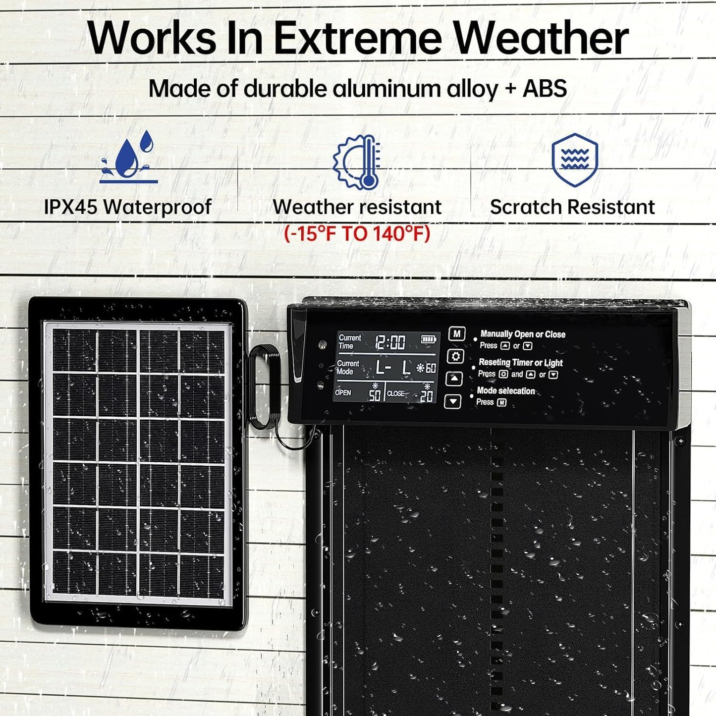 CARLA HOME Automatic Chicken Coop Door Solar Powered with 4 Mode Timer & Light Sensor, Anti-Pinch & USB Charging Port - Image 6