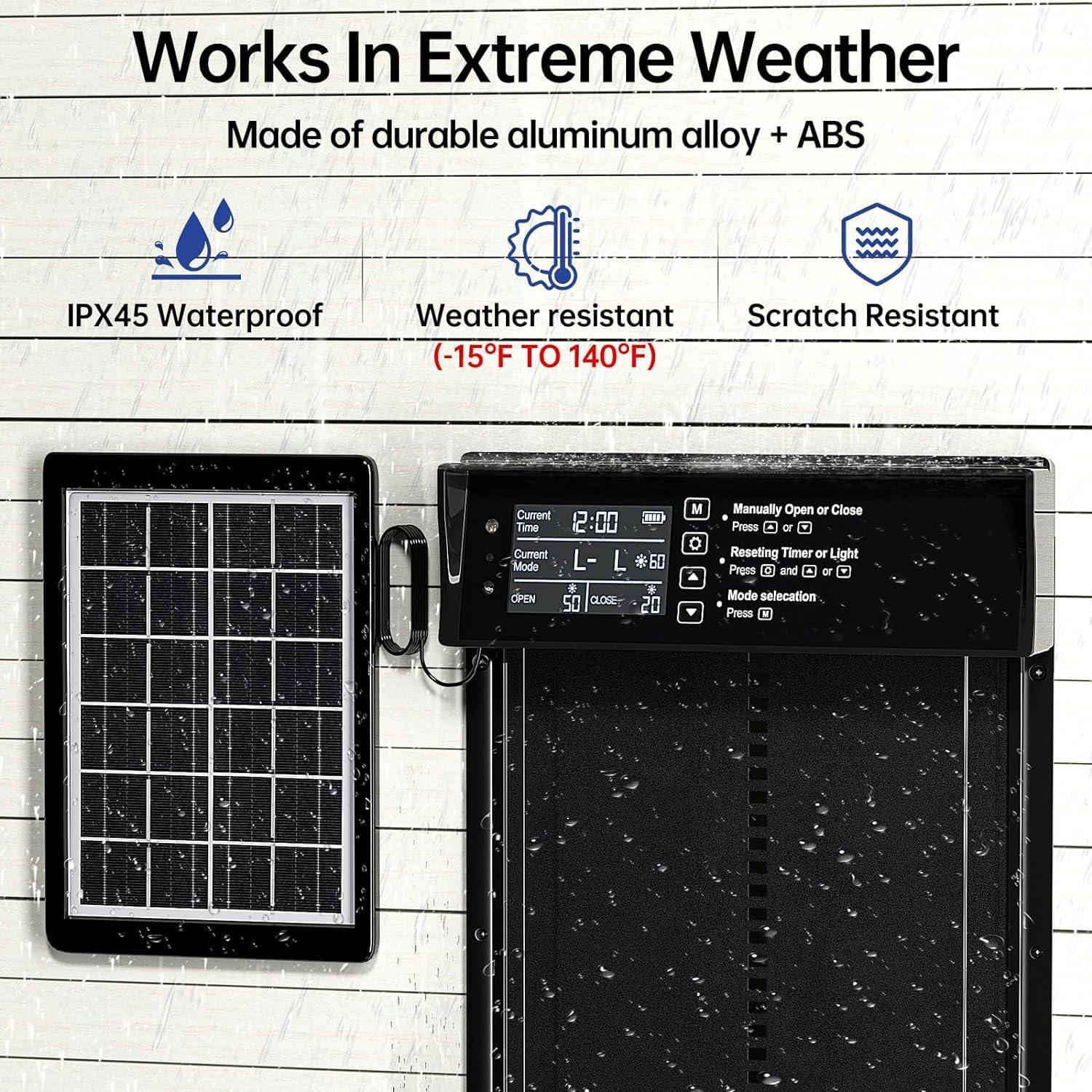 CARLA HOME Automatic Chicken Coop Door Solar Powered with 4 Mode Timer & Light Sensor, Anti-Pinch & USB Charging Port - Image 6