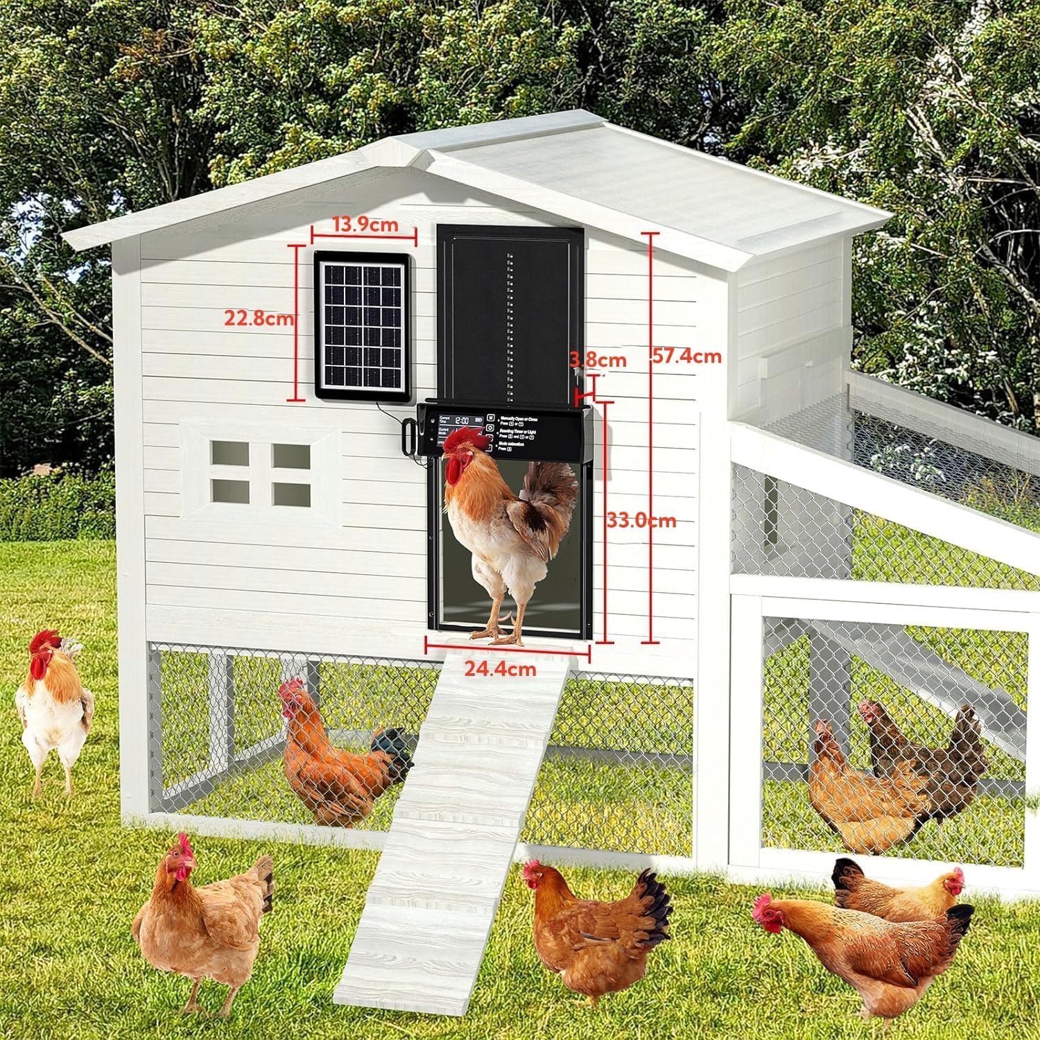 CARLA HOME Automatic Chicken Coop Door Solar Powered with 4 Mode Timer & Light Sensor, Anti-Pinch & USB Charging Port - Image 7