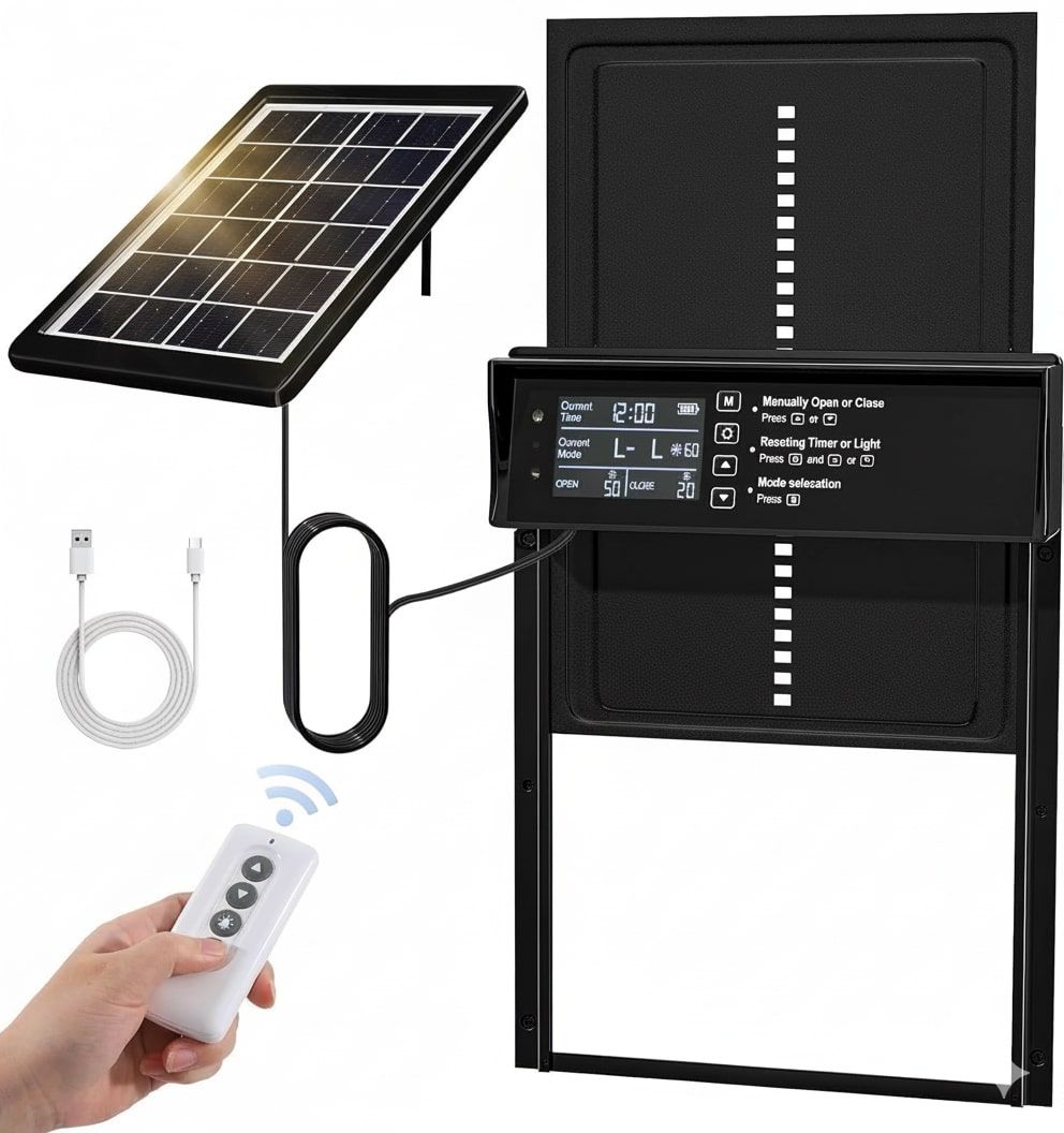 CARLA HOME Automatic Chicken Coop Door Solar Powered with 4 Mode Timer & Light Sensor, Anti-Pinch & USB Charging Port - Image 9