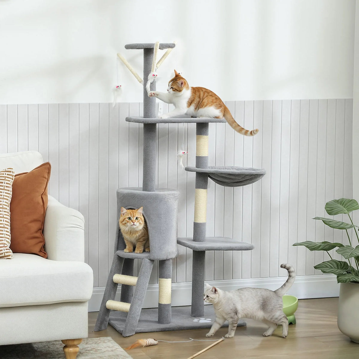 CARLA HOME 134cm Cat Tree for Indoor Cats with Hammock, Plush Perch & Sisal Scratching Posts for Kittens & Adult Cats (Light Grey) - Image 2