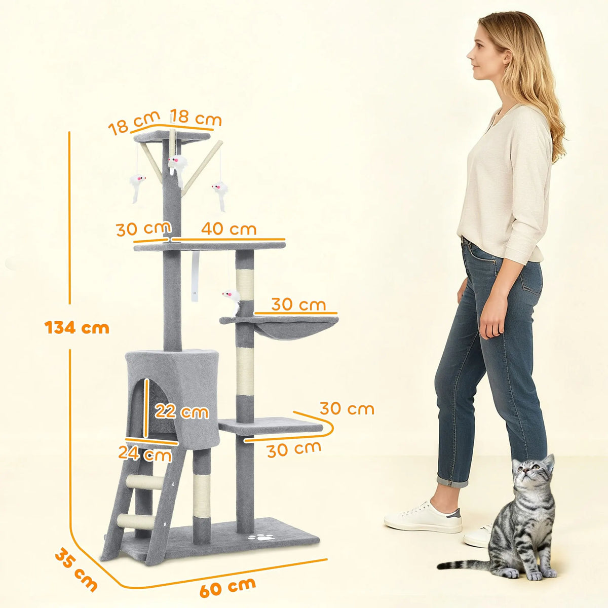 CARLA HOME 134cm Cat Tree for Indoor Cats with Hammock, Plush Perch & Sisal Scratching Posts for Kittens & Adult Cats (Light Grey) - Image 3