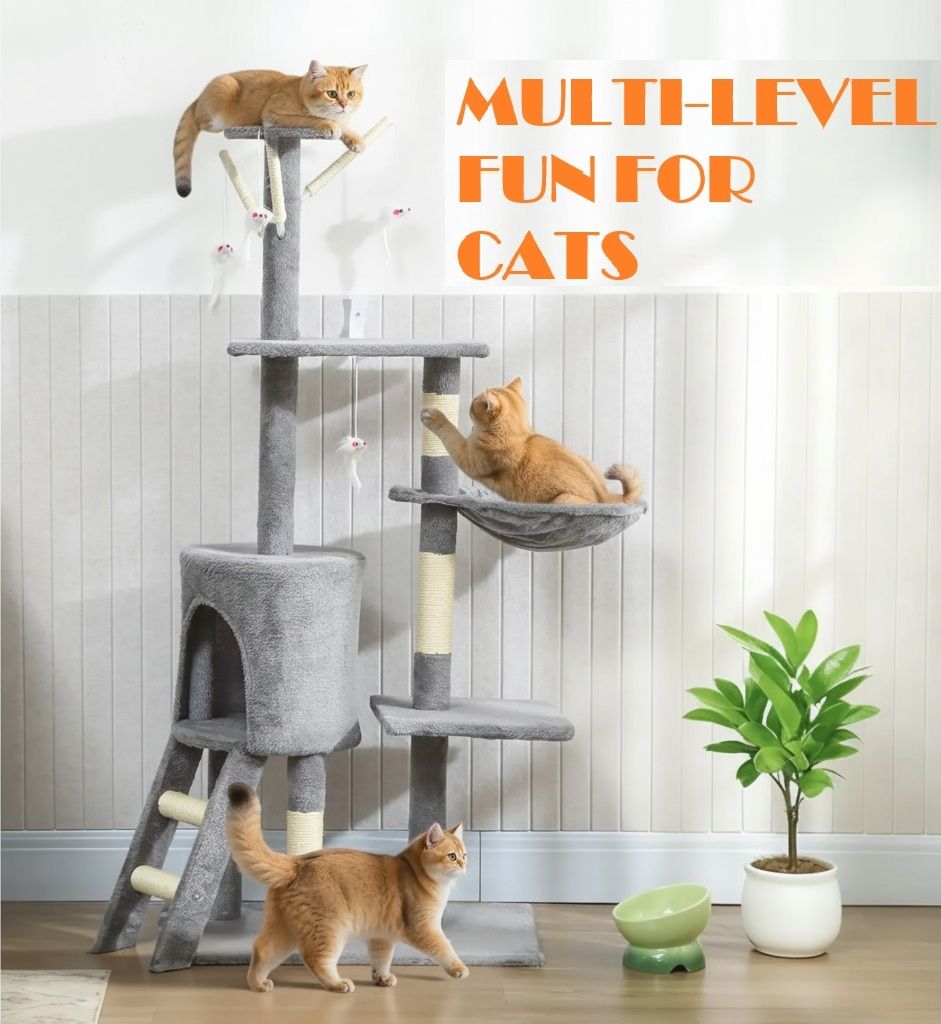 CARLA HOME 134cm Cat Tree for Indoor Cats with Hammock, Plush Perch & Sisal Scratching Posts for Kittens & Adult Cats (Light Grey) - Image 5