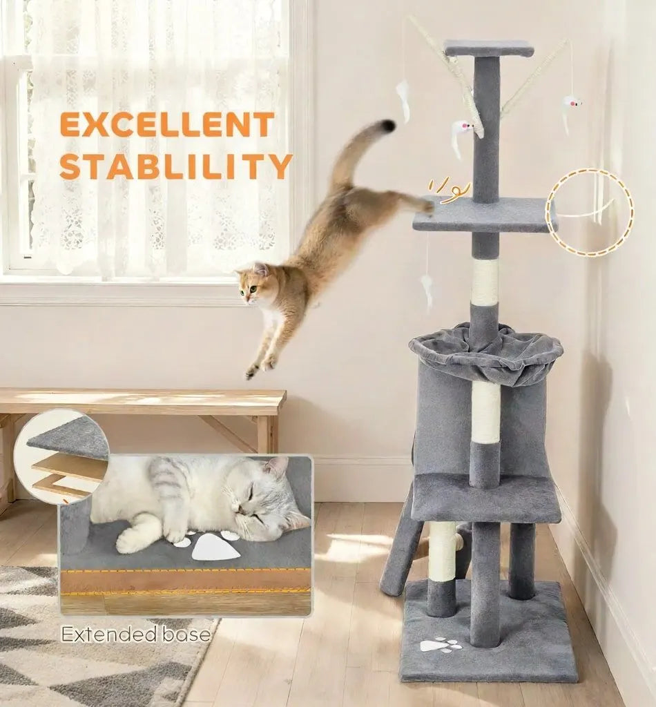 CARLA HOME 134cm Cat Tree for Indoor Cats with Hammock, Plush Perch & Sisal Scratching Posts for Kittens & Adult Cats (Light Grey) - Image 8