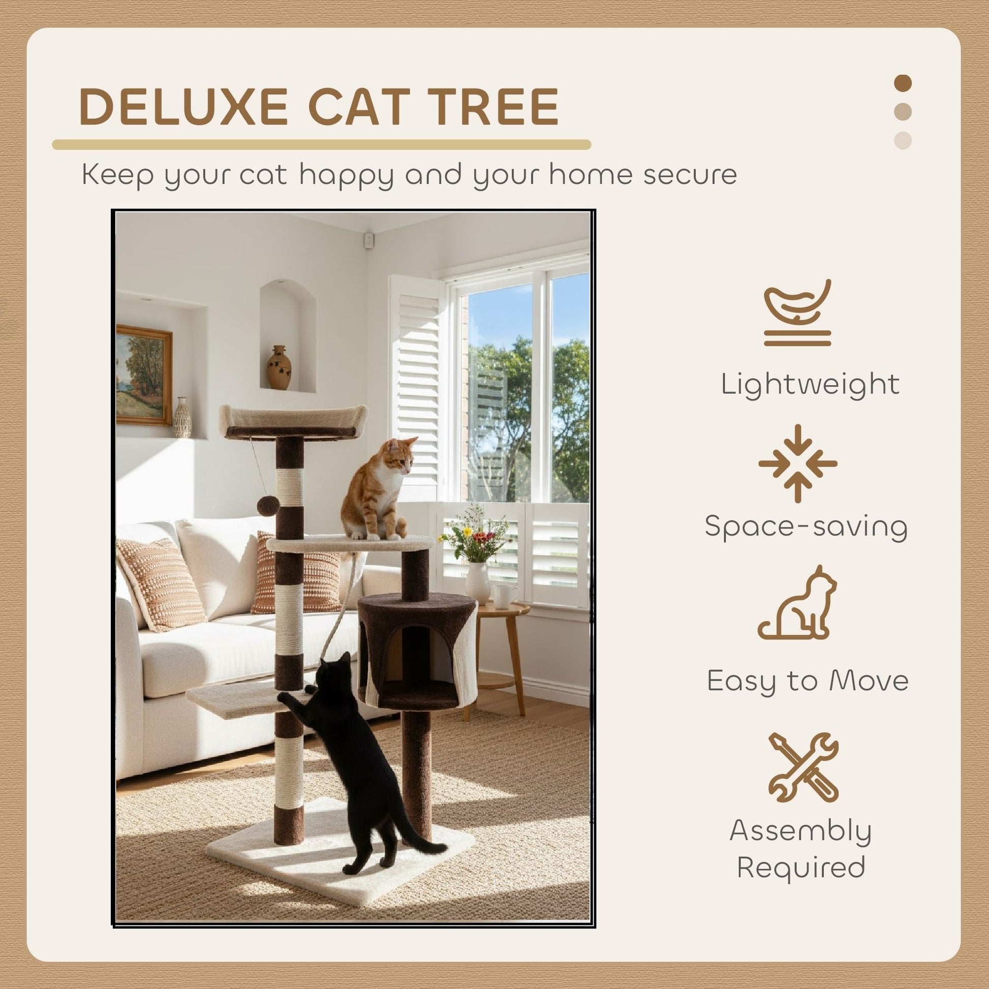CARLA HOME 140cm Cat Tree for Indoor Cats with Plush Perch, Sisal Scratching Posts & Condo for Kittens & Adult Cats (Beige) - Image 4