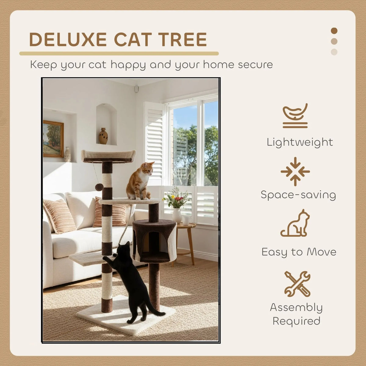 CARLA HOME 140cm Cat Tree for Indoor Cats with Plush Perch, Sisal Scratching Posts & Condo for Kittens & Adult Cats (Beige) - Image 4