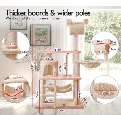 CARLA HOME 141cm Cat Tree Tower for Indoor Cats with Plush Perch, Ladder, Sisal Scratching Posts, Hammock & Condo for Kittens & Adult Cats (Beige) - Image 3