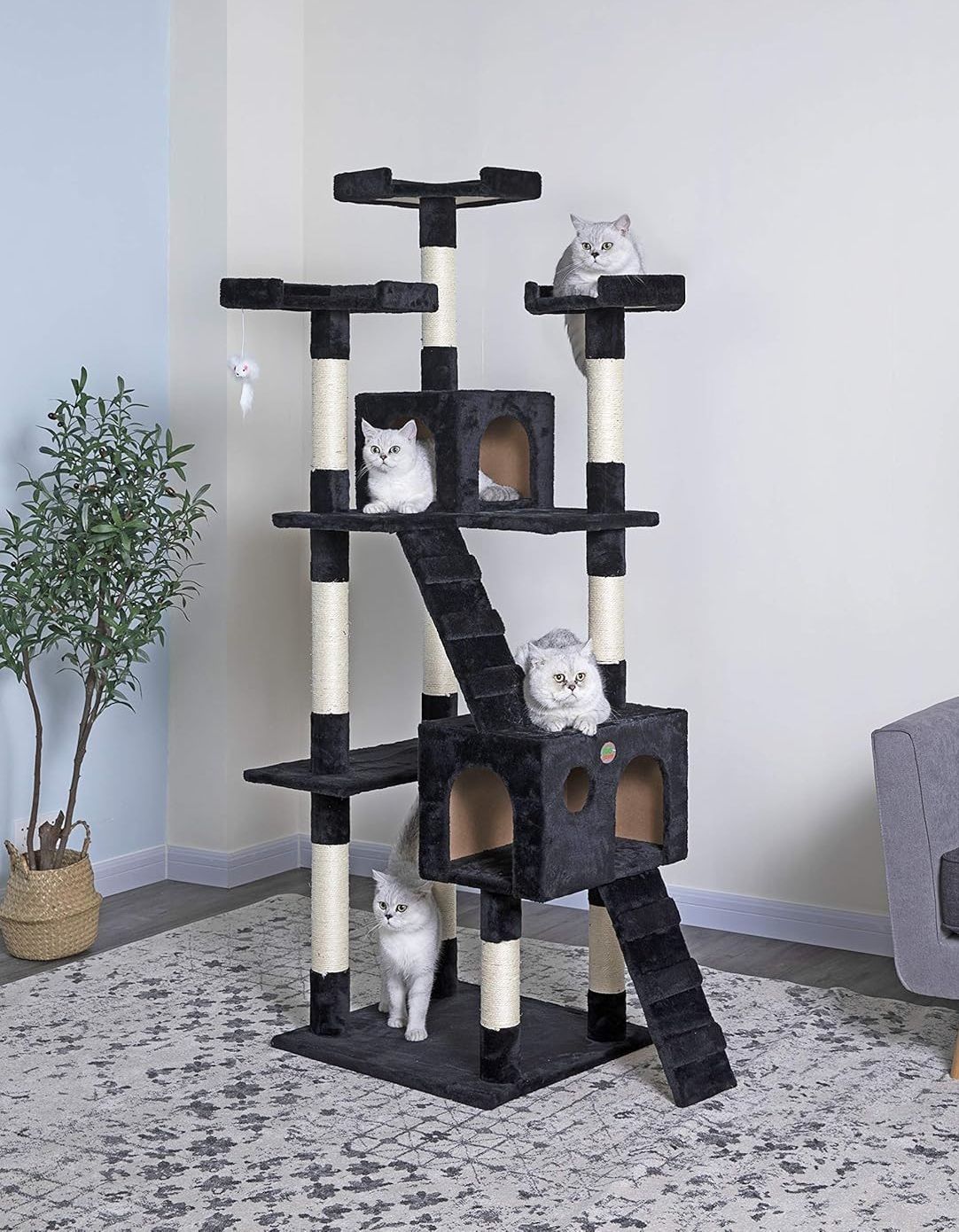 CARLA HOME 180cm Cat Tree Tower for Indoor Cats with Dual Condos, Plush Perches, Sisal Scratching Posts & Ramps for Kittens & Adult Cats (Black) - Image 2