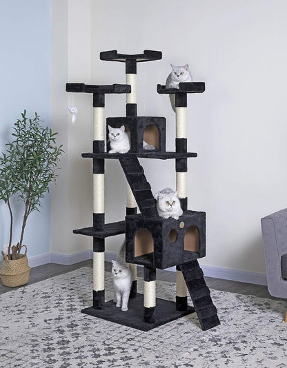 CARLA HOME 180cm Cat Tree Tower for Indoor Cats with Dual Condos, Plush Perches, Sisal Scratching Posts & Ramps for Kittens & Adult Cats (Black) - Image 2
