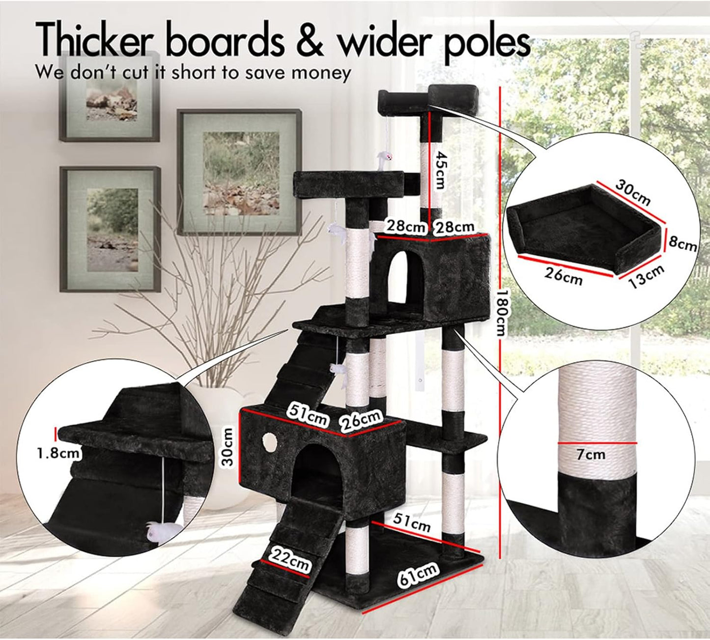 CARLA HOME 180cm Cat Tree Tower for Indoor Cats with Dual Condos, Plush Perches, Sisal Scratching Posts & Ramps for Kittens & Adult Cats (Black) - Image 3