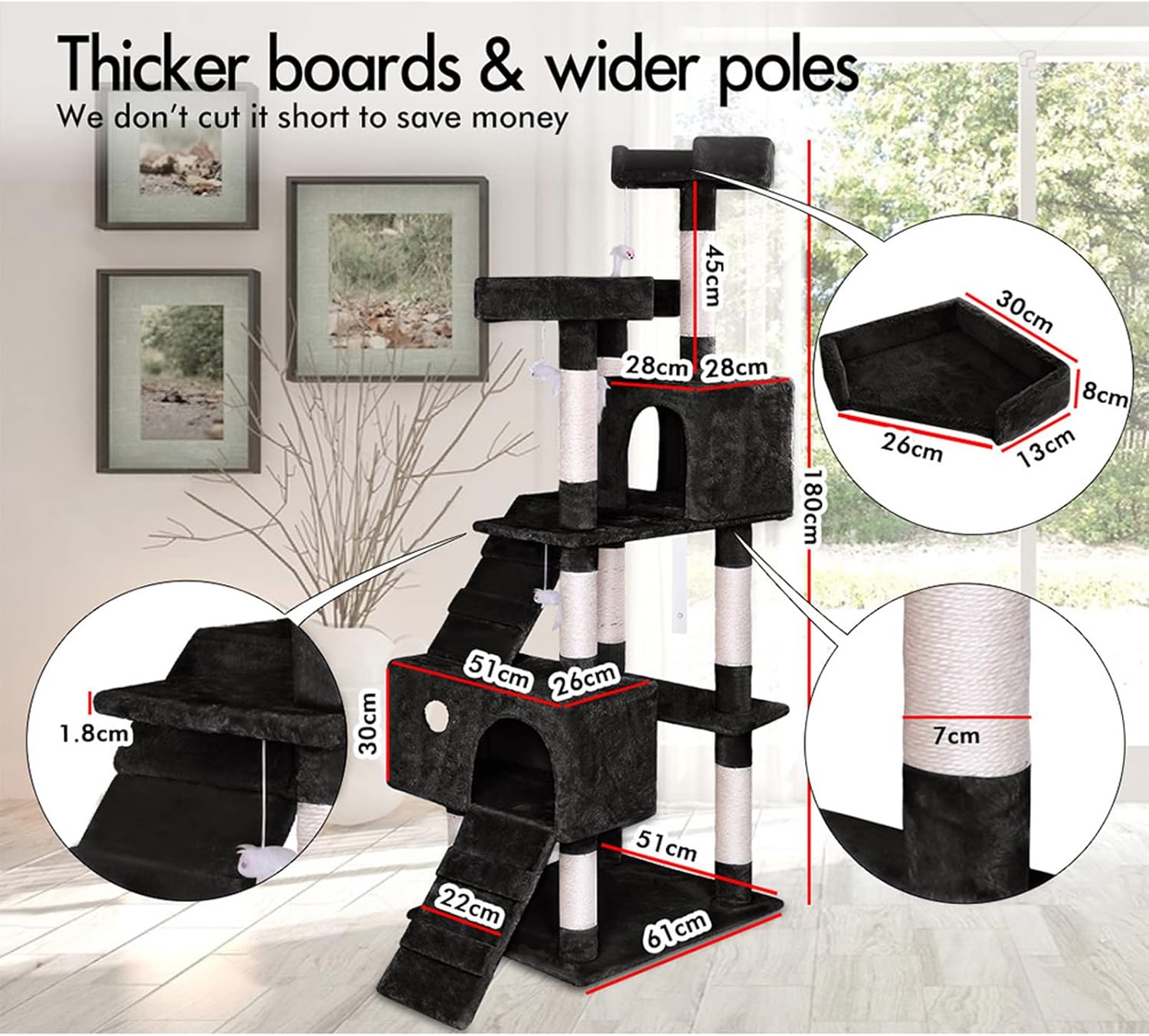 CARLA HOME 180cm Cat Tree Tower for Indoor Cats with Dual Condos, Plush Perches, Sisal Scratching Posts & Ramps for Kittens & Adult Cats (Black) - Image 3