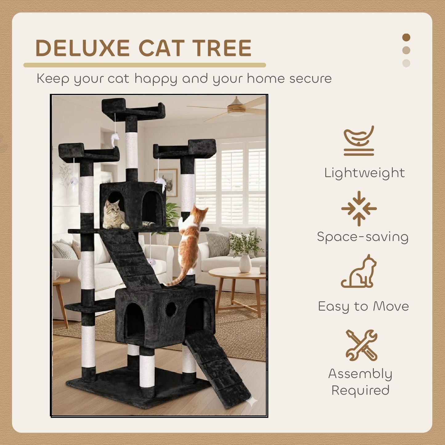 CARLA HOME 180cm Cat Tree Tower for Indoor Cats with Dual Condos, Plush Perches, Sisal Scratching Posts & Ramps for Kittens & Adult Cats (Black) - Image 4