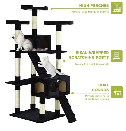 CARLA HOME 180cm Cat Tree Tower for Indoor Cats with Dual Condos, Plush Perches, Sisal Scratching Posts & Ramps for Kittens & Adult Cats (Black) - Image 5