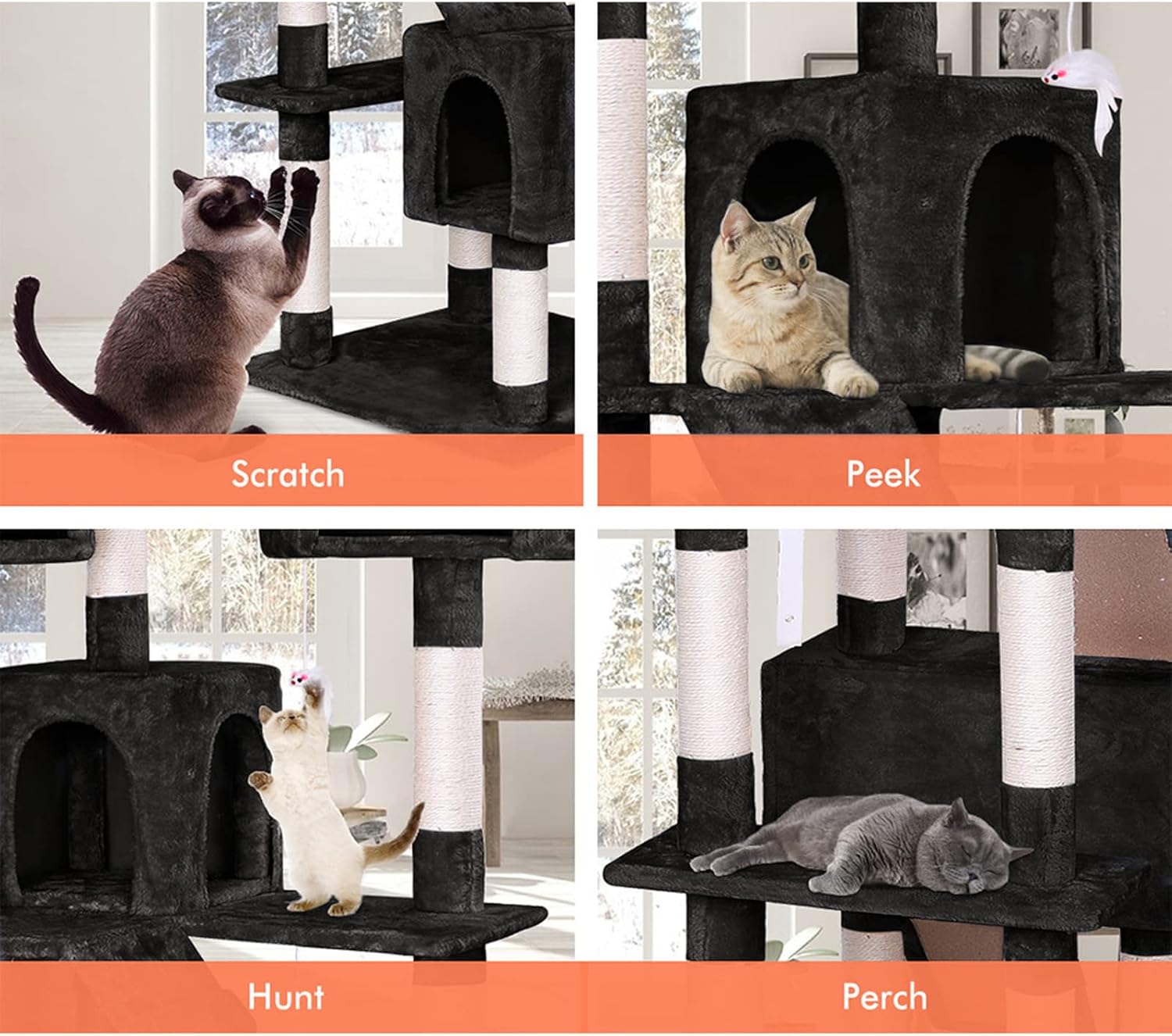 CARLA HOME 180cm Cat Tree Tower for Indoor Cats with Dual Condos, Plush Perches, Sisal Scratching Posts & Ramps for Kittens & Adult Cats (Black) - Image 6