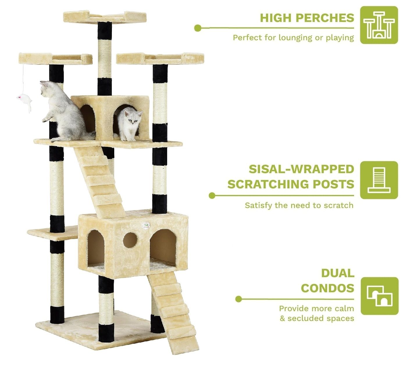 CARLA HOME 180cm Cat Tree Tower for Indoor Cats with Dual Condos, Plush Perches, Sisal Scratching Posts & Ramps for Kittens & Adult Cats (Beige) - Image 5