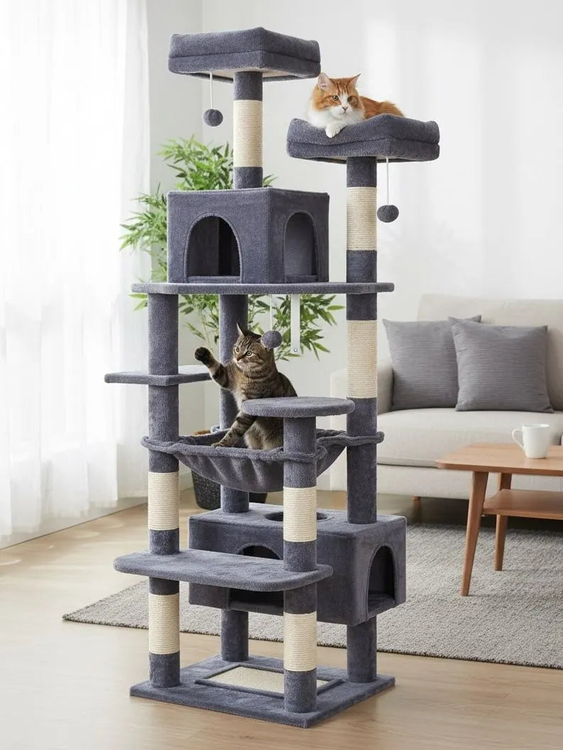 CARLA HOME 180cm Cat Tree Tower for Indoor Cats with Plush Perches, Dual Condos, Natural Sisal Scratching Posts & Ramps for Kittens & Adult Cats (Grey) - Image 2