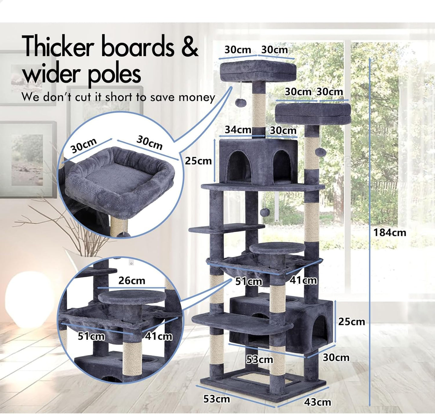 CARLA HOME 180cm Cat Tree Tower for Indoor Cats with Plush Perches, Dual Condos, Natural Sisal Scratching Posts & Ramps for Kittens & Adult Cats (Grey) - Image 3