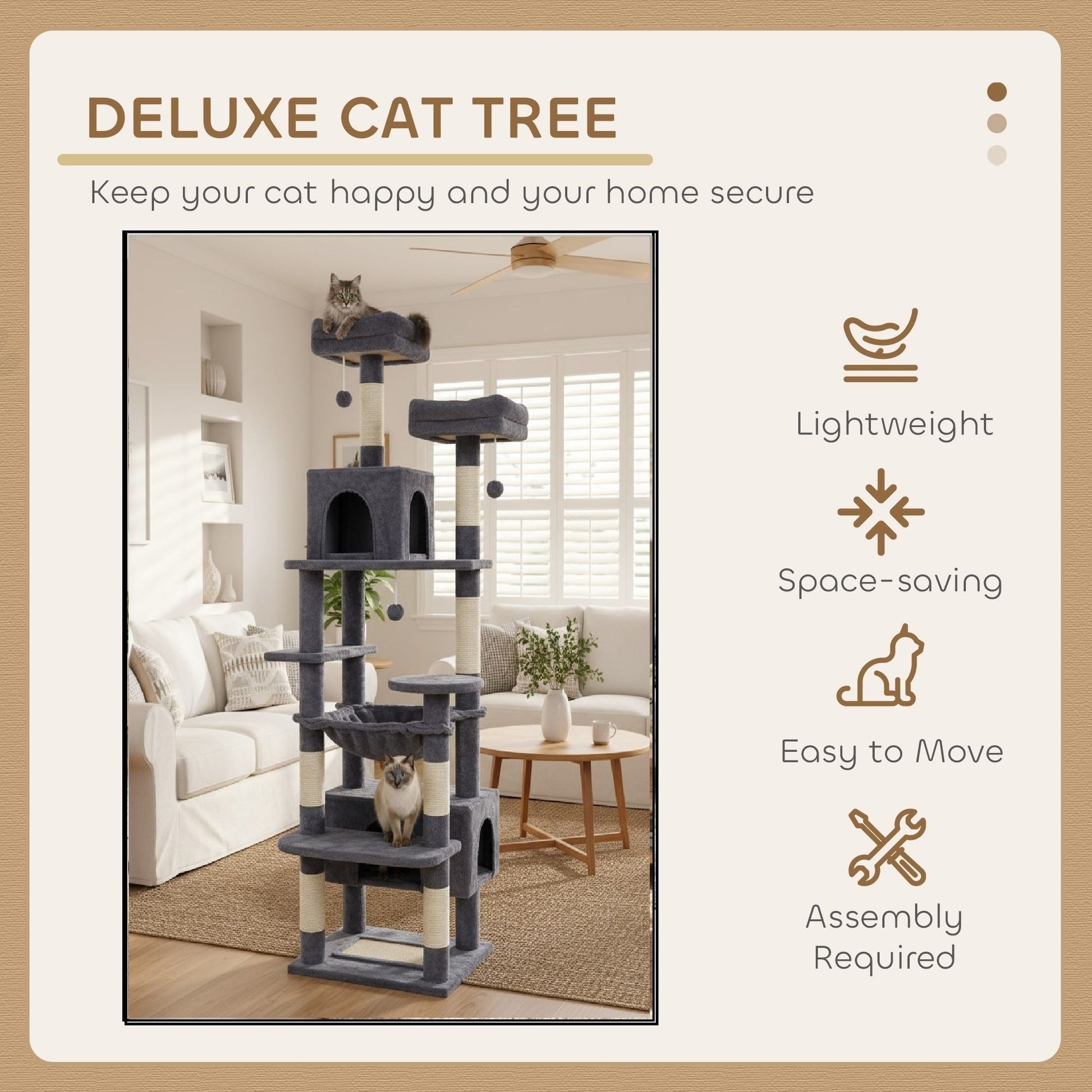 CARLA HOME 180cm Cat Tree Tower for Indoor Cats with Plush Perches, Dual Condos, Natural Sisal Scratching Posts & Ramps for Kittens & Adult Cats (Grey) - Image 4