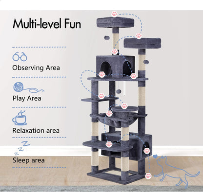 CARLA HOME 180cm Cat Tree Tower for Indoor Cats with Plush Perches, Dual Condos, Natural Sisal Scratching Posts & Ramps for Kittens & Adult Cats (Grey) - Image 5