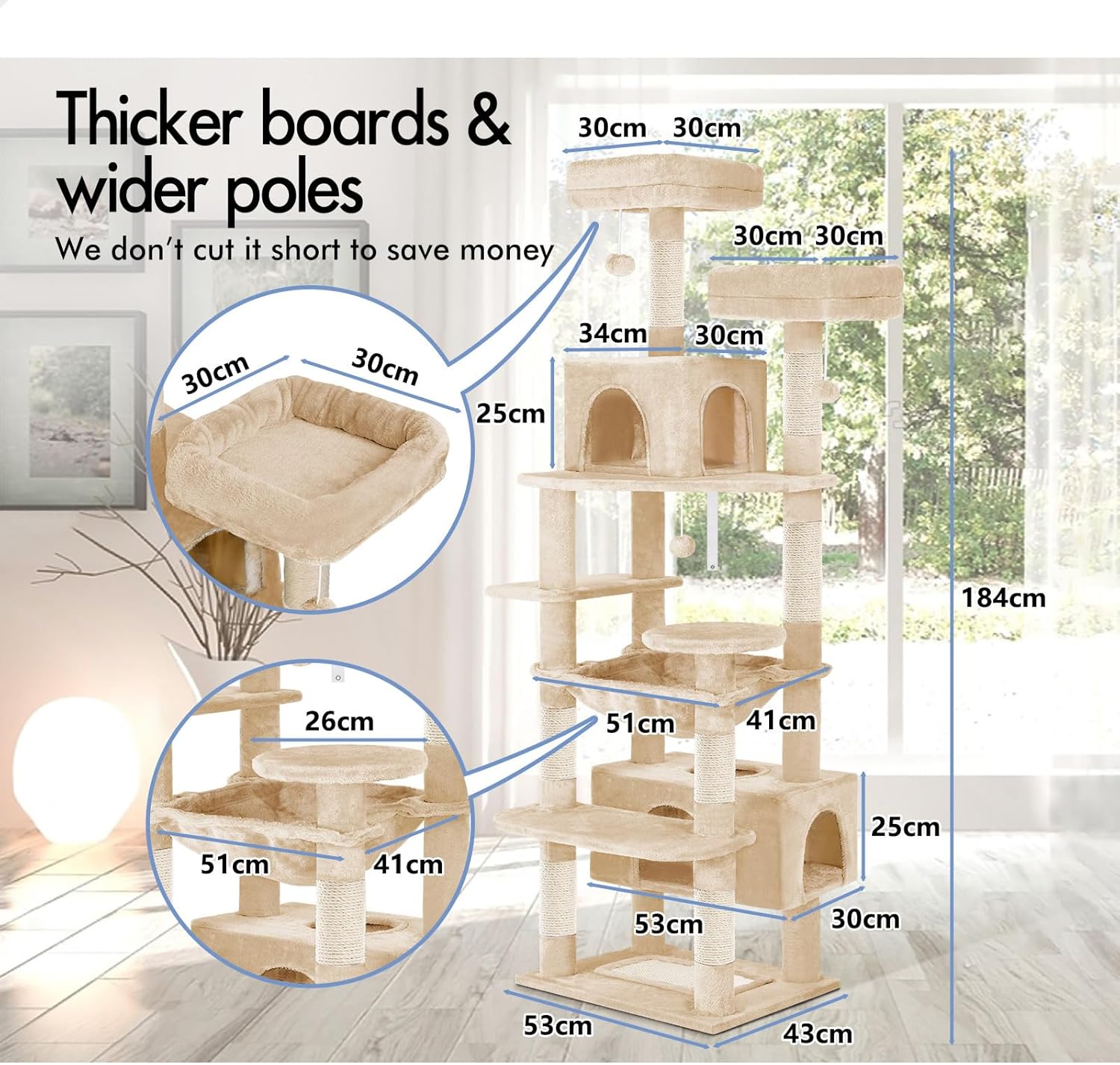 CARLA HOME 180cm Cat Tree Tower for Indoor Cats with Plush Perches, Dual Condos, Natural Sisal Scratching Posts & Ramps for Kittens & Adult Cats (Beige) - Image 3