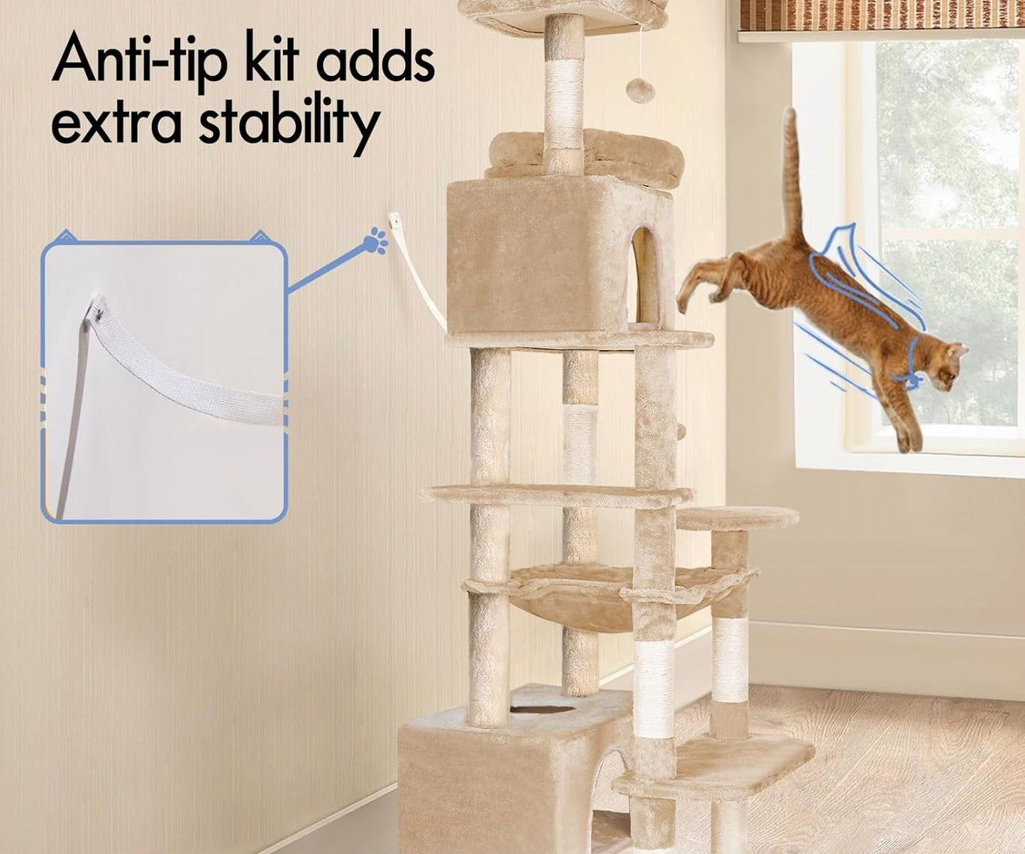CARLA HOME 180cm Cat Tree Tower for Indoor Cats with Plush Perches, Dual Condos, Natural Sisal Scratching Posts & Ramps for Kittens & Adult Cats (Beige) - Image 6
