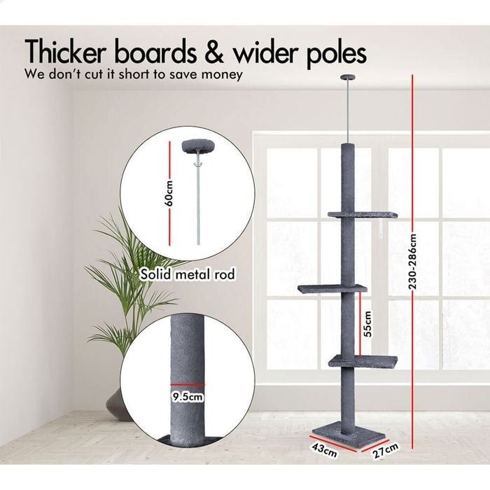 CARLA HOME Floor to Ceiling Cat Tree Tower  with Adjustable Height 230-286cm for Indoor Cats (Grey) - Image 3