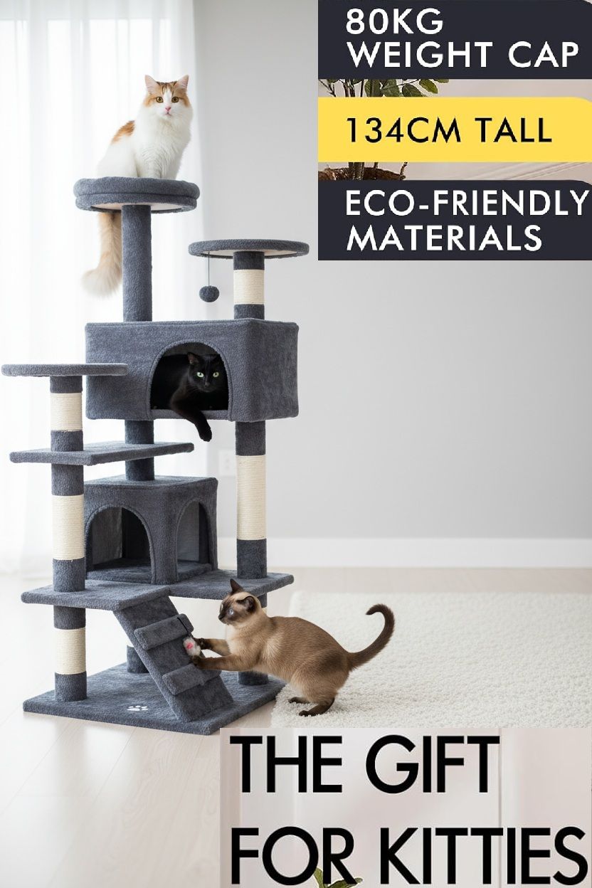 CARLA HOME 134cm Cat Tree Tower for Indoor Cats with Plush Perches, Dual Condos, Natural Sisal Scratching Posts & Ramp for Kittens & Adult Cats (Dark Grey) - Image 2