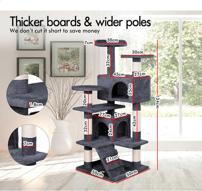 CARLA HOME 134cm Cat Tree Tower for Indoor Cats with Plush Perches, Dual Condos, Natural Sisal Scratching Posts & Ramp for Kittens & Adult Cats (Dark Grey) - Image 3